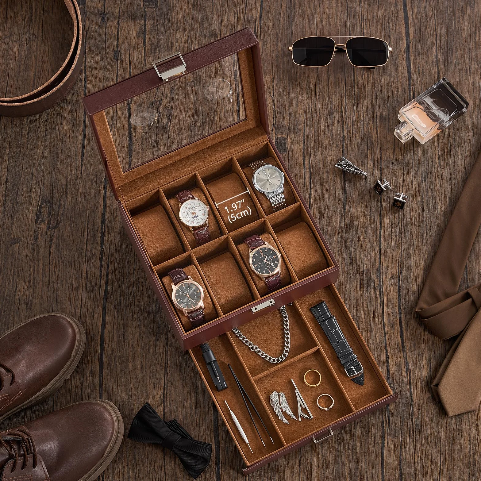 ProCase Estuche para Relojes de Doble Nivel con Tapa de Cristal, Organizador para Relojes, Anillos y Pulseras, Marrón