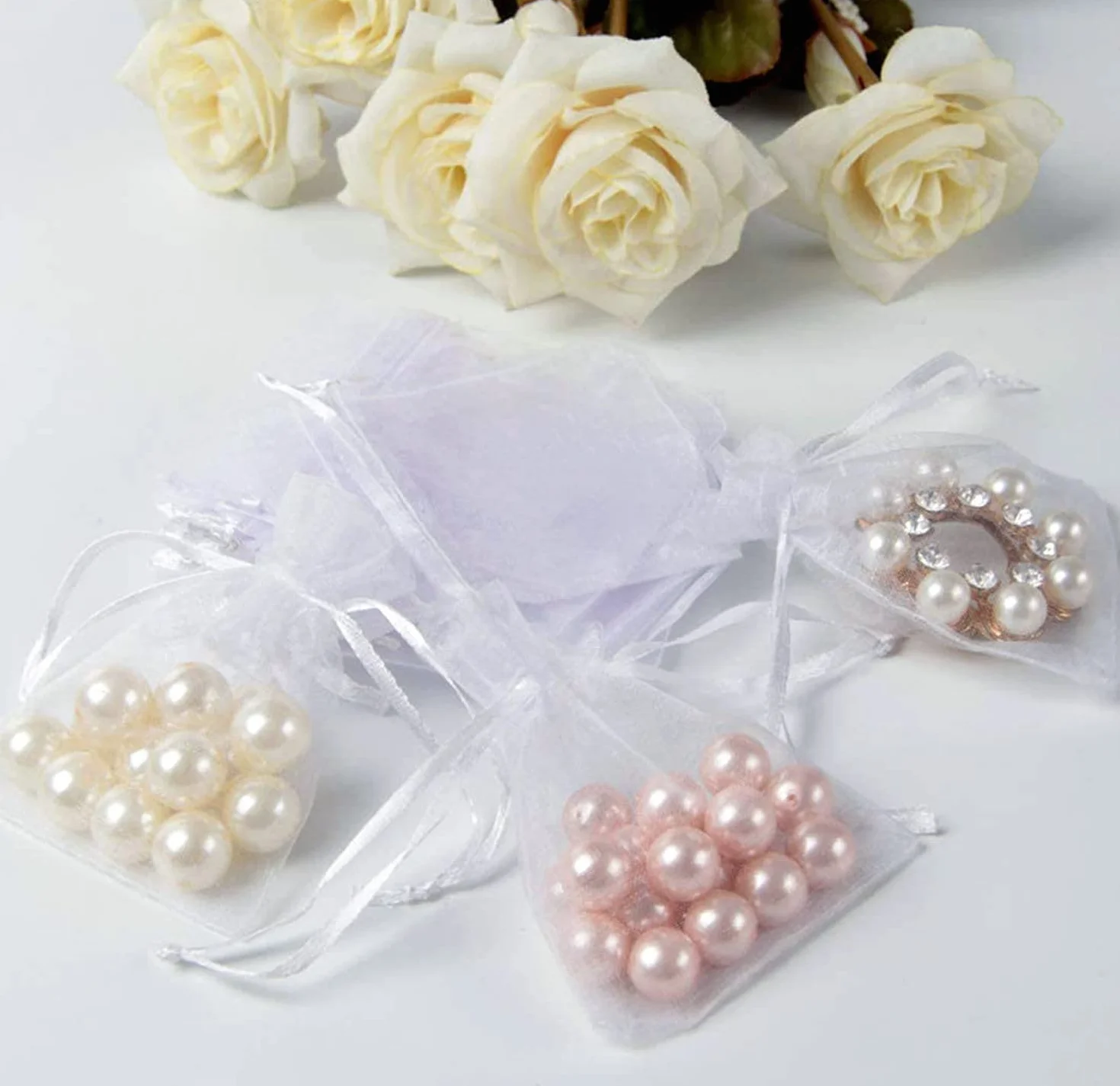 Intckwan 100 bolsas de organza blancas de 10 x 15 cm, bolsas de organza para regalo, joyas para bodas, fiestas, festivales, fiestas y bodas, cordón de satén