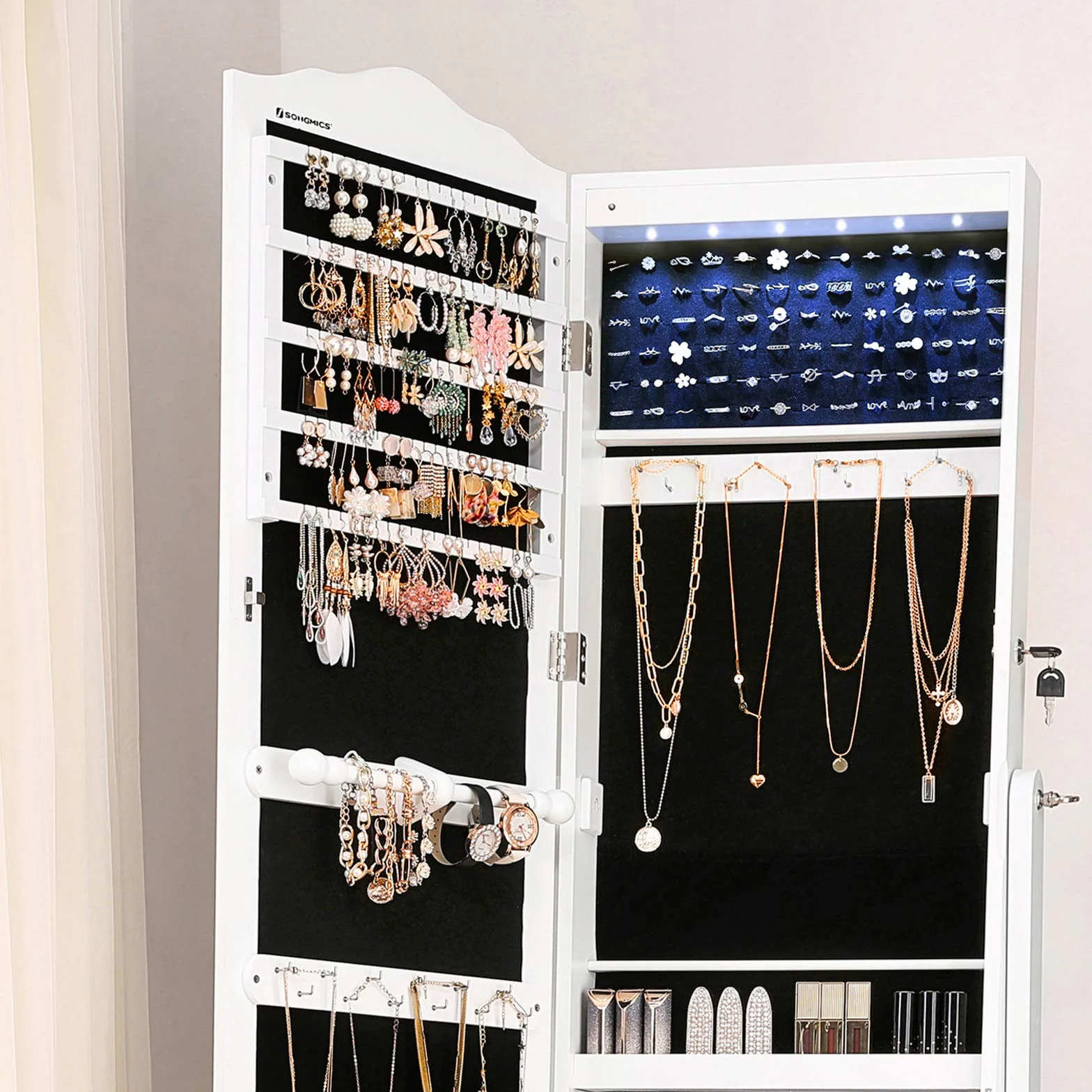 SONGMICS Armario Joyería Ruedas Organizador Joyas Cerradura Luces LED 3 Cajones Espejo Blanco JBC61W