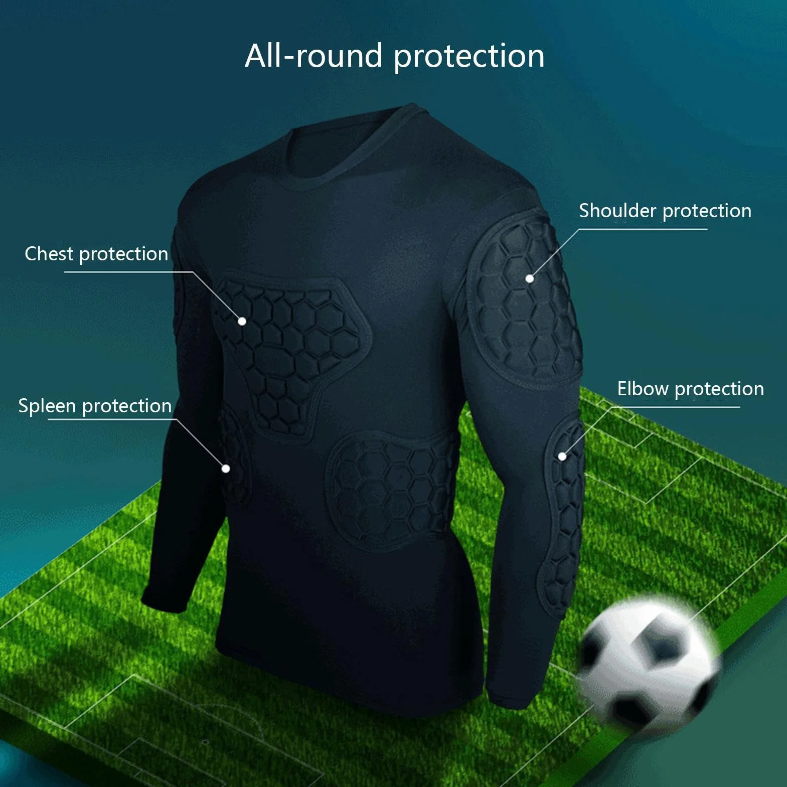Camiseta de compresión acolchada de fútbol manga larga negra para portero juvenil paintball béisbol