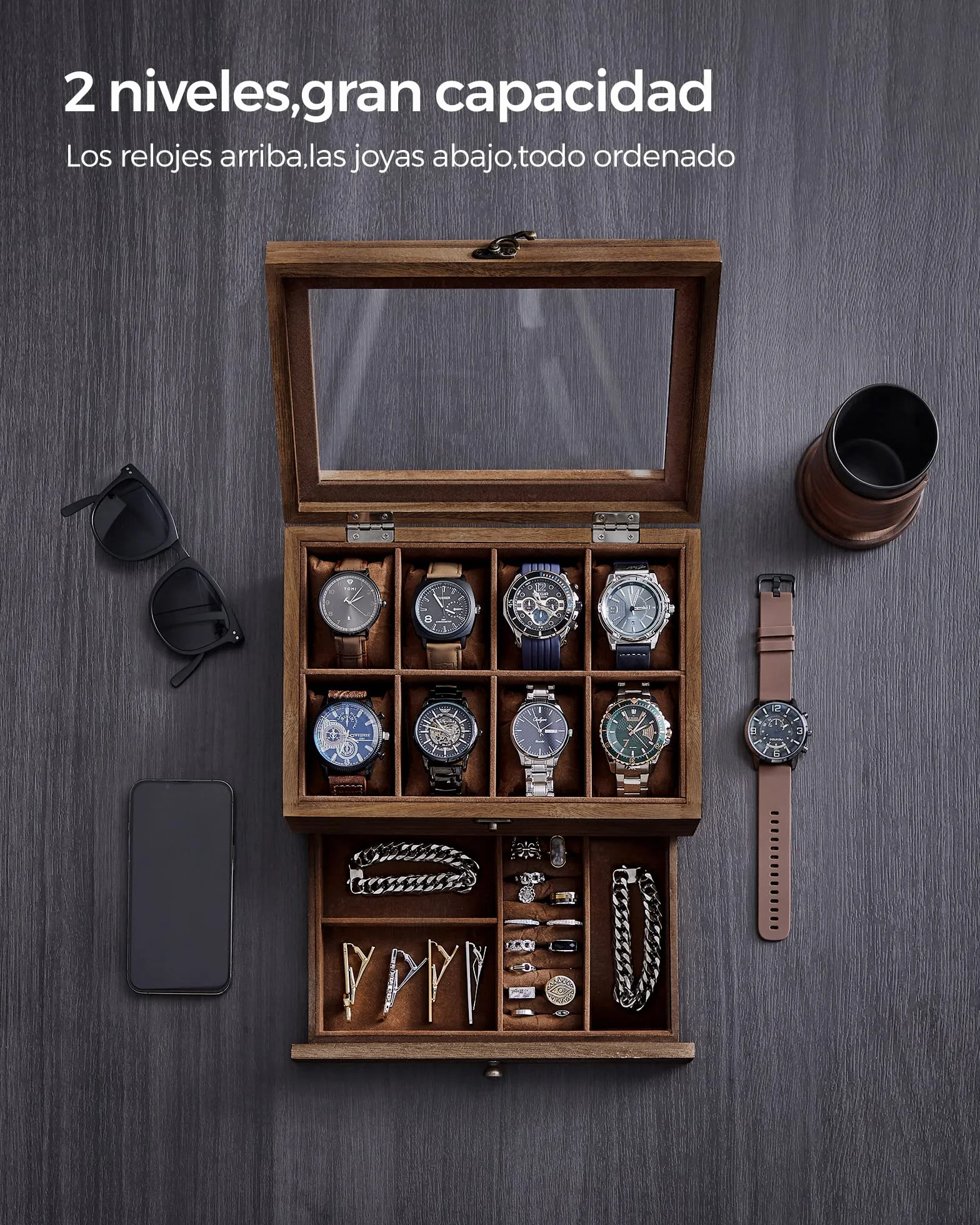 SONGMICS GISELLA Caja de Relojes 8 Ranuras Estuche Madera 2 Niveles Tapa Cristal Nogal Rústico