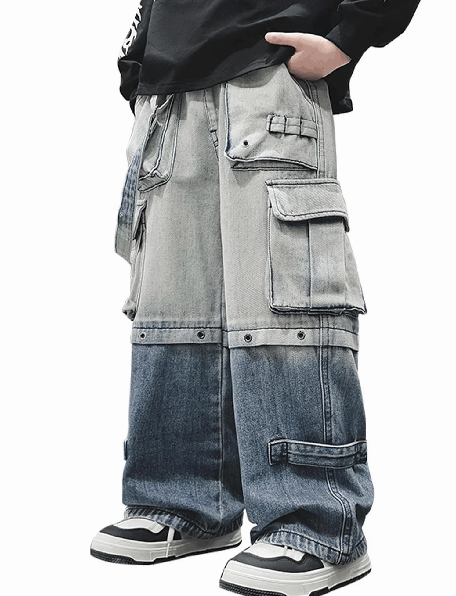 SEAUR Pantalones de mezclilla holgados para niños de 4 a 14 años, estilo cargo, pantalones holgados para adolescentes