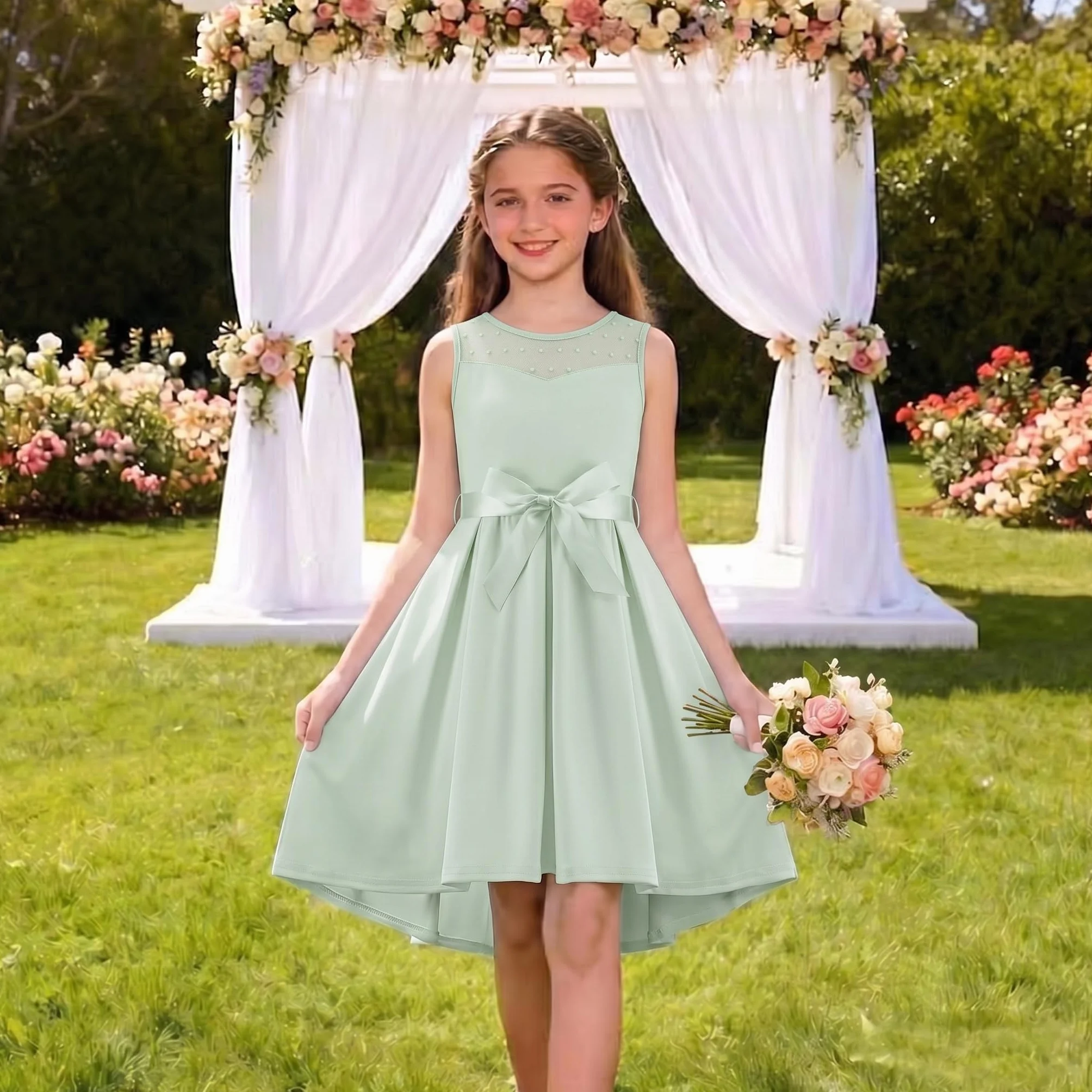 Arshiner Niñas Vestido Sin Mangas Novia Malla Vestidos Verano Formal Festivo Elegante con Cinturón 5-13 años