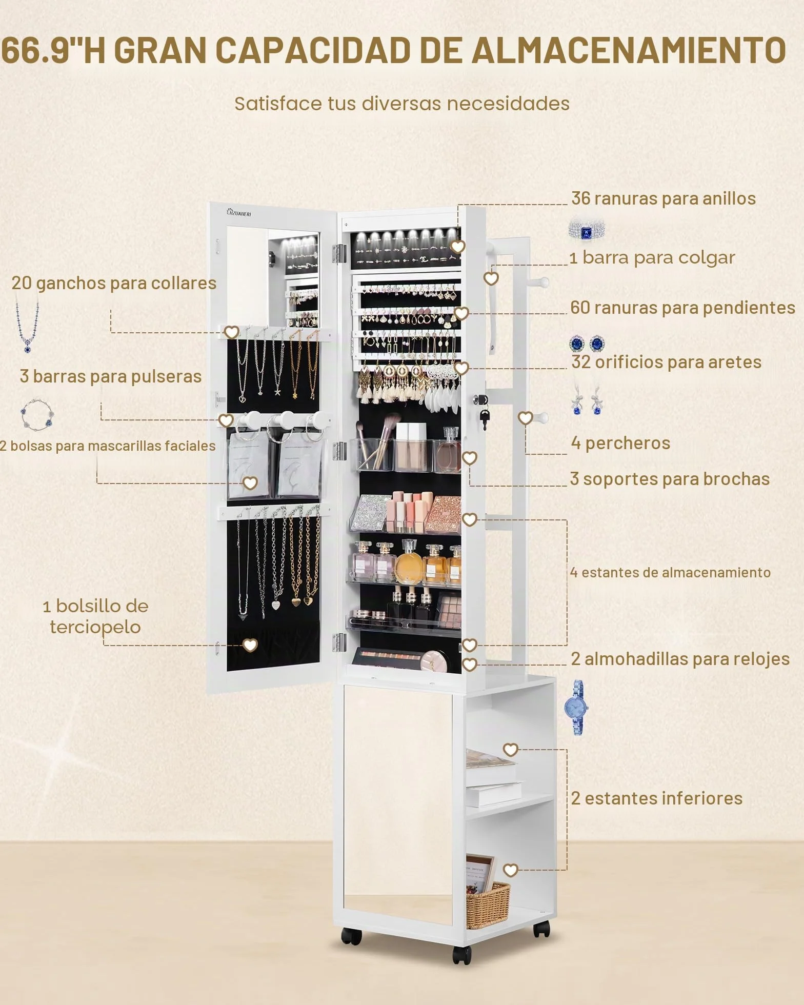 Armario Joyero 8 LEDs Organizador de Pie con Espejo Cuerpo Entero Cerradura 4 Ruedas 3 Niveles Blanco y Negro