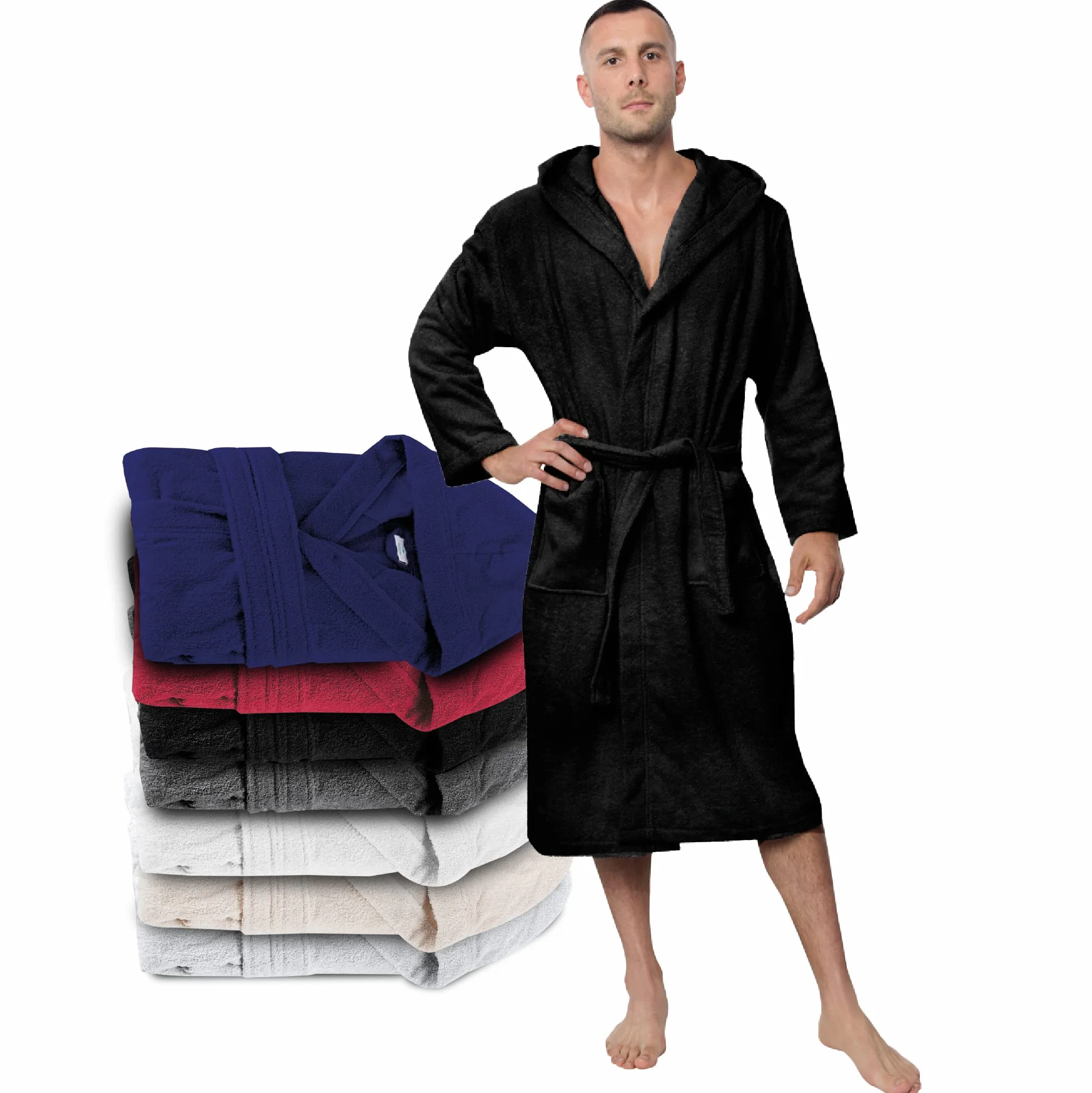 Twinzen Albornoz Hombre Ducha Capucha 100% Algodon OEKO-TEX Bata Adulto Baño 2 Bolsillos Cinturón