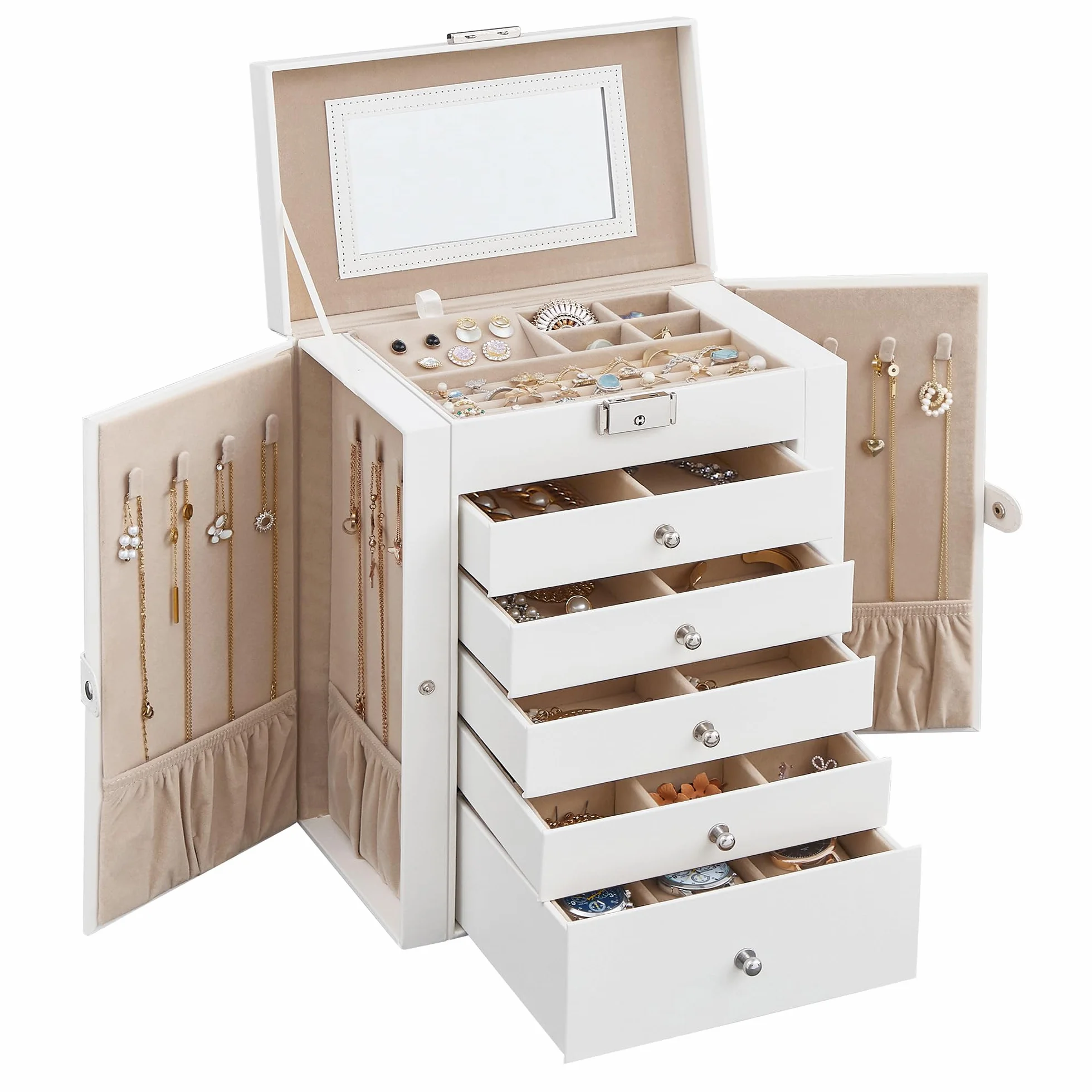 SONGMICS Caja Joyero de 6 Niveles, 5 Cajones, con Espejo y Cerradura, Blanco JBC152W01