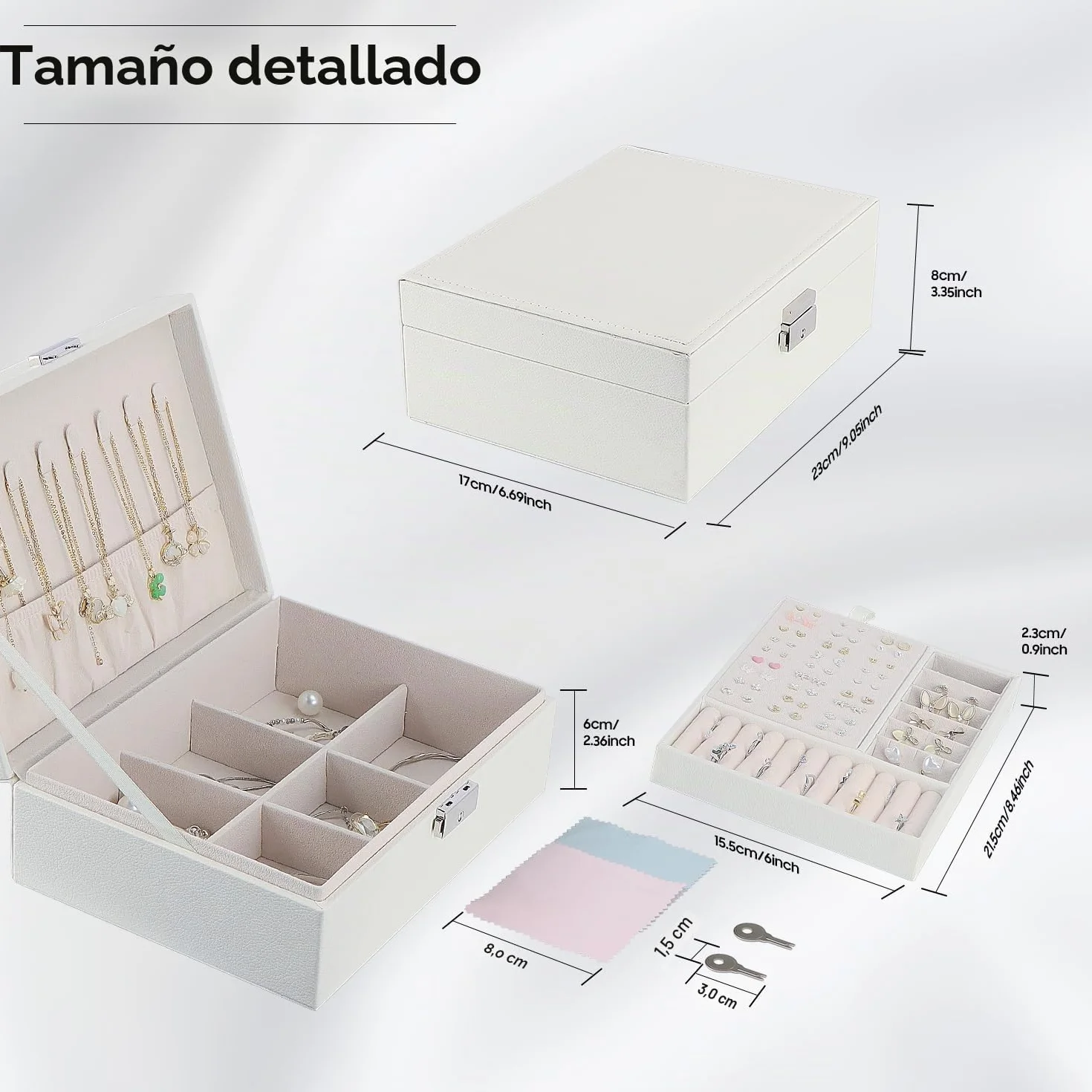 TEIVUL Joyero de piel sintética de 2 capas con llaves y paño de limpieza para anillos aretes collares
