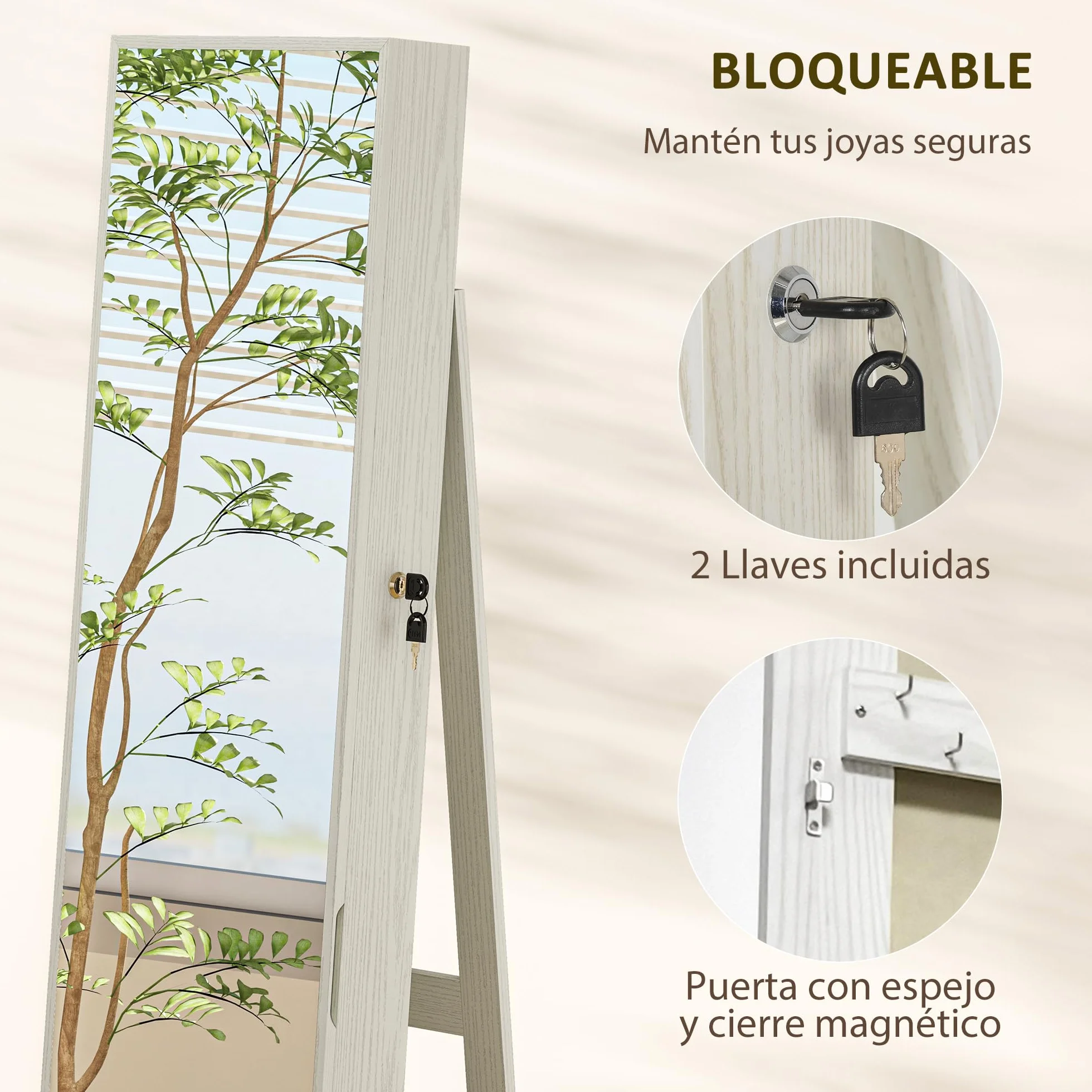 HOMCOM Espejo Joyero de Pie con Luces LED y Cerradura Armario de Joyas Blanco Veta Madera