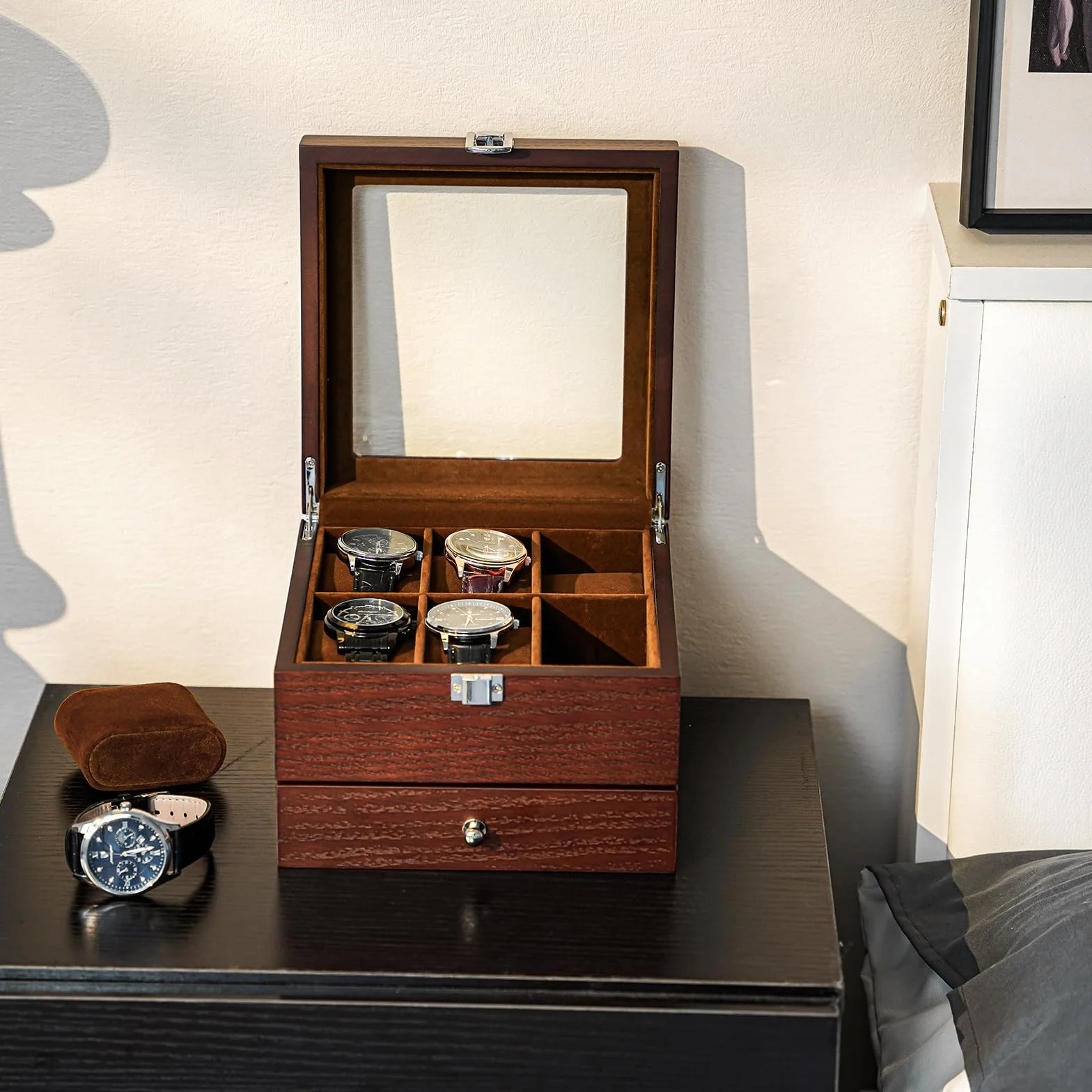 ProCase Caja de Madera para Relojes con 6 Compartimentos y Cajón Multifuncional 2 Niveles Café