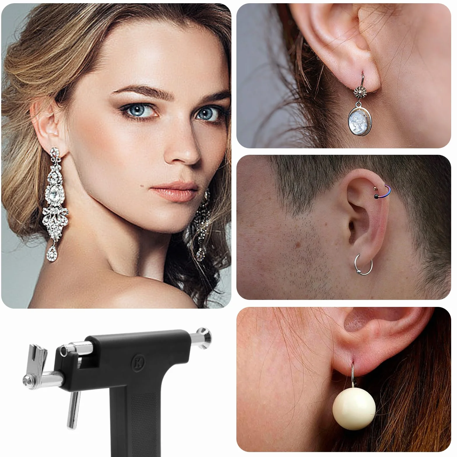 Pistola de Pendientes de Acero Inoxidable con 98 Perforadoras, 12 Pendientes, 20 Algodón Alcohol, Piercing para Labios Ombligo Nariz Cuerpo
