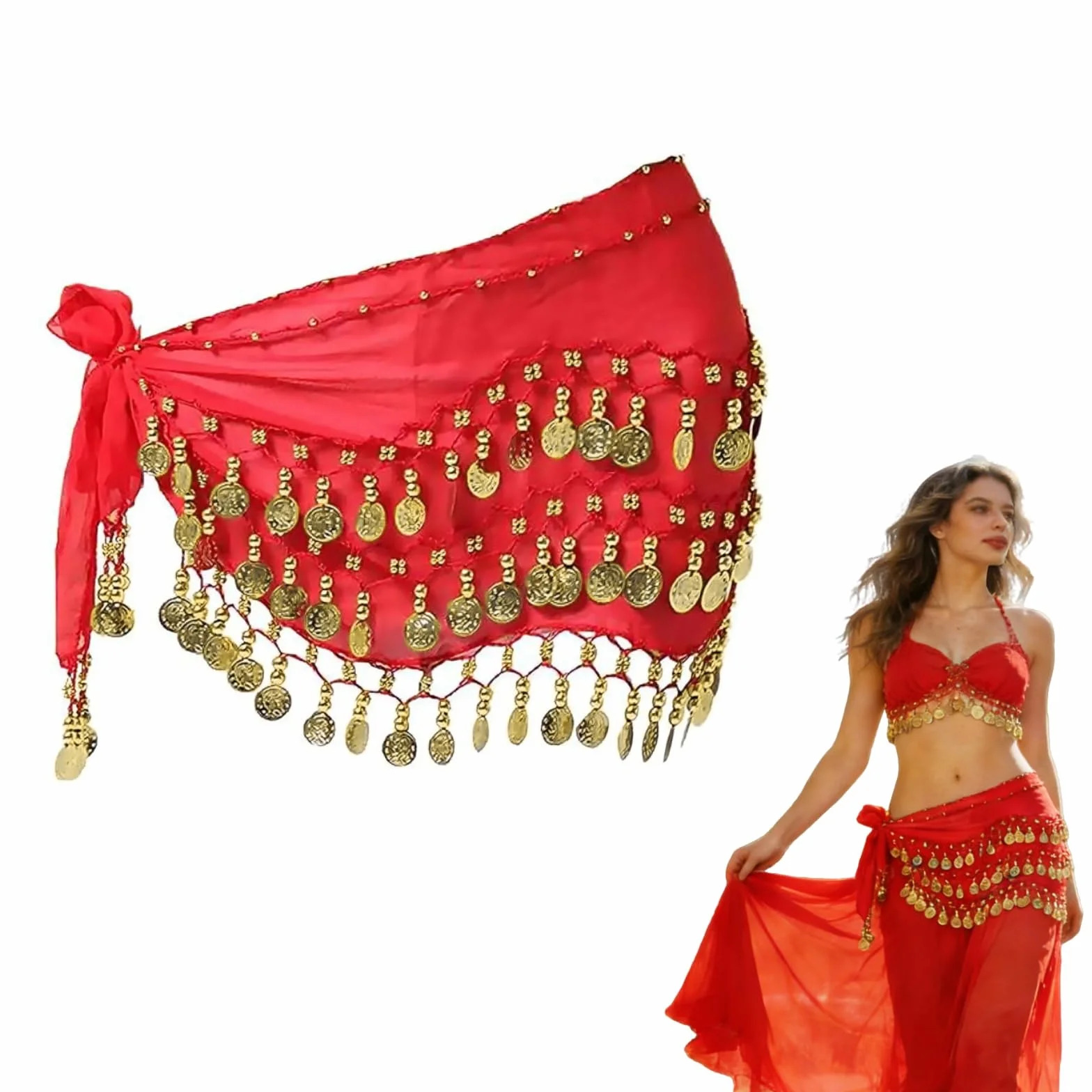 Cinturón Danza del Vientre Mujer con 90+ Monedas Falda Bufanda Baile Oriental 140 cm