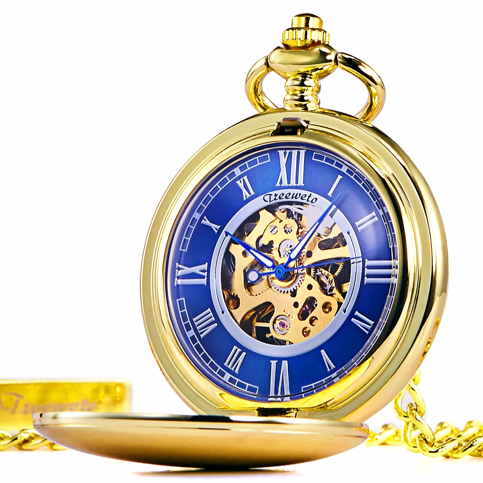 TREEWETO Reloj de bolsillo – Serie de doble caja suave esqueleto esfera azul movimiento mecánico con cadena, plata/dorado