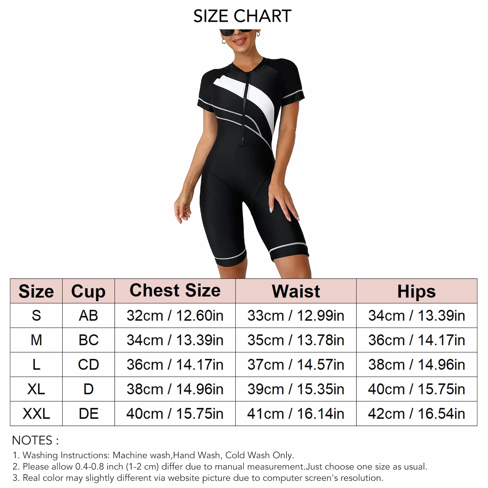 Traje de Neopreno Corto Mujer Buceo Cuello Redondo Negro Manga Corta Cremallera Frontal