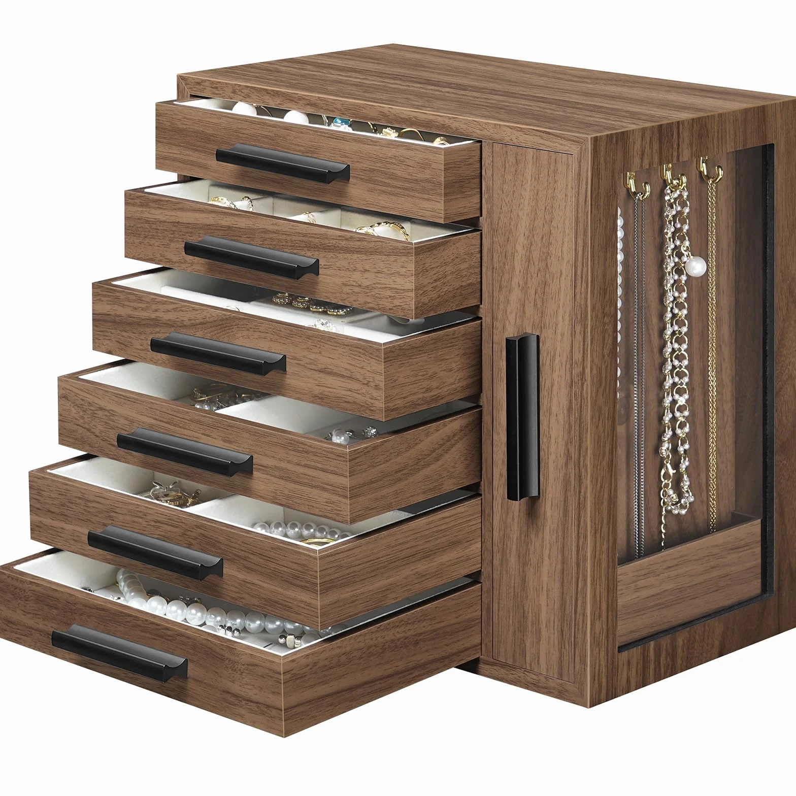 HOOBRO Caja Joyero de Madera 6 Niveles con Ventana Lateral Nogal y Negro