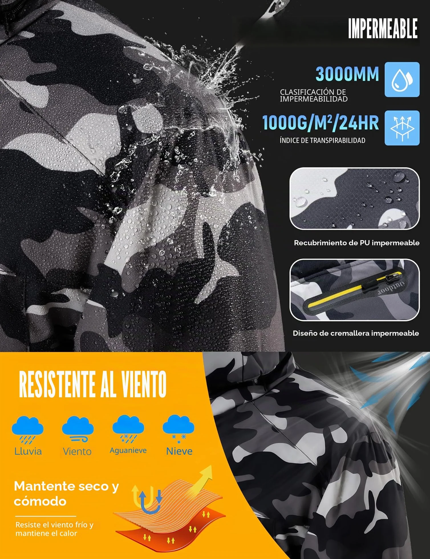 MAGCOMSEN Chaqueta de esquí impermeable para hombre a prueba de viento Mountain Parka con capucha