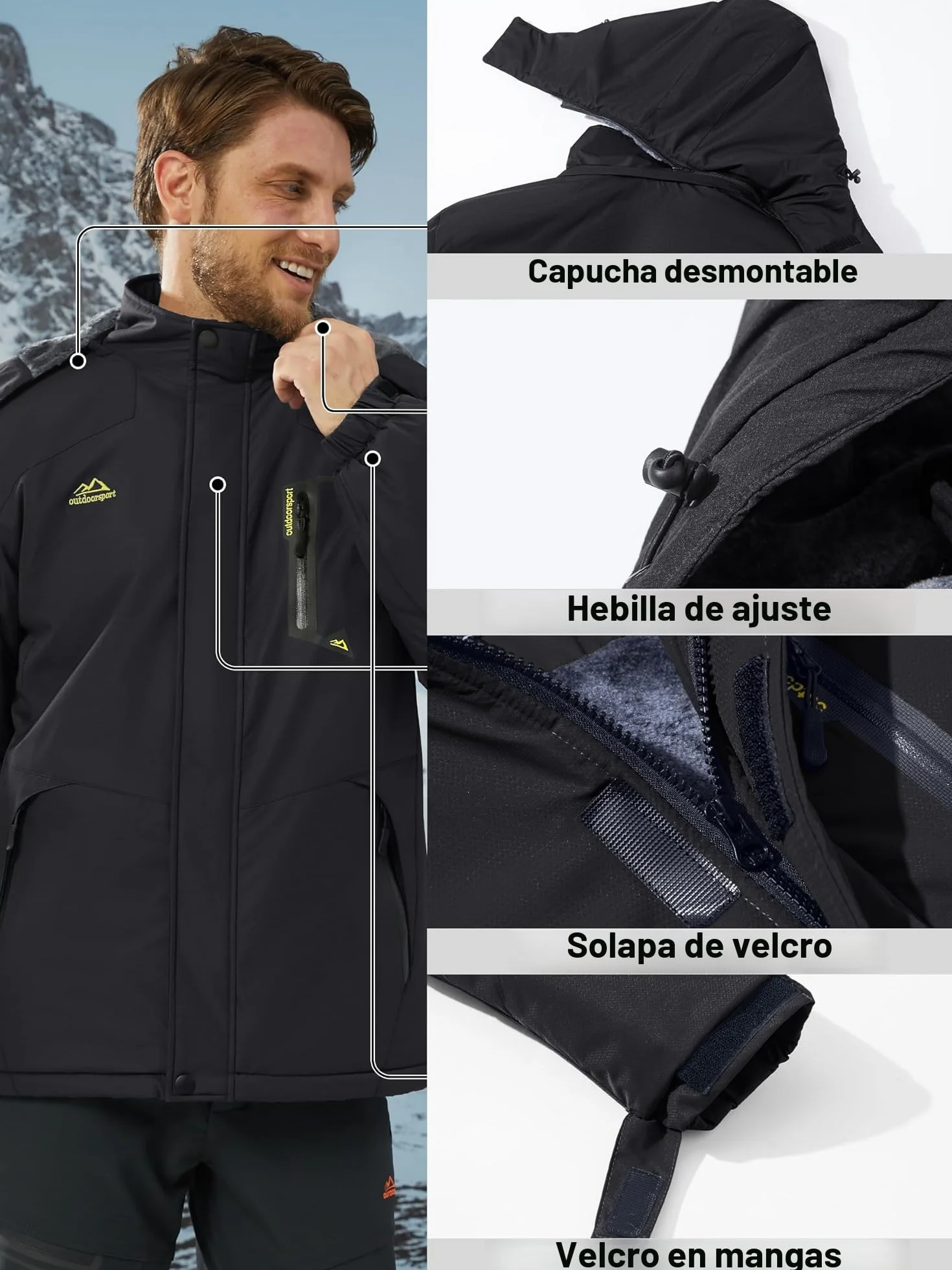 KEFITEVD Chaquetas Impermeables Hombre Lana Invierno Abrigos Térmicos con Capucha Desmontable