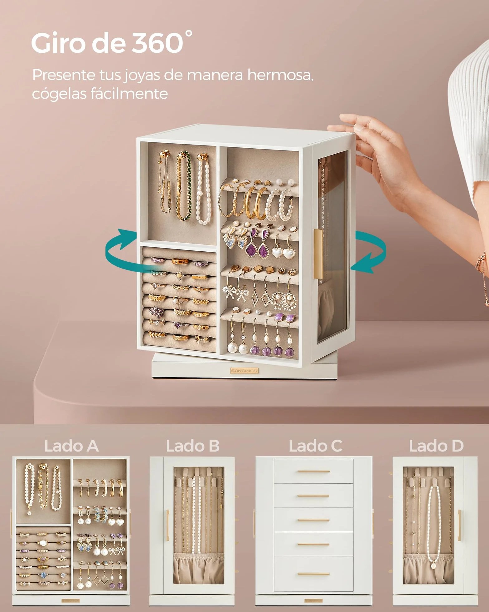 SONGMICS GISELLA Caja Joyero Giratorio 360° 5 Cajones Ventanas de Cristal Blanco Nube JBC170W01