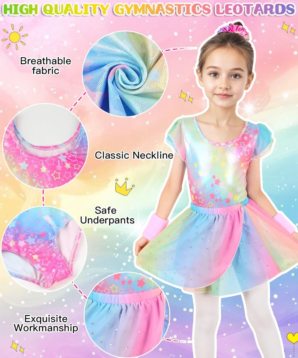 Maillot Gimnasia Rítmica Niña Conjunto 5 Piezas Sin Mangas Falda Cinta Cabello Muñequeras Ballet 4-9 Años