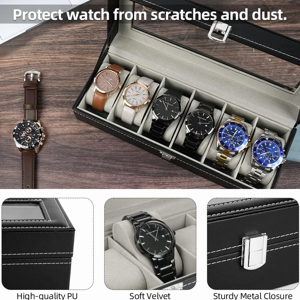 OFFCUP Caja de Relojes con 6 Compartimentos, Piel, Tapa de Cristal y Cojín Extraíble, Regalo para Hombres y Mujeres (Negra)