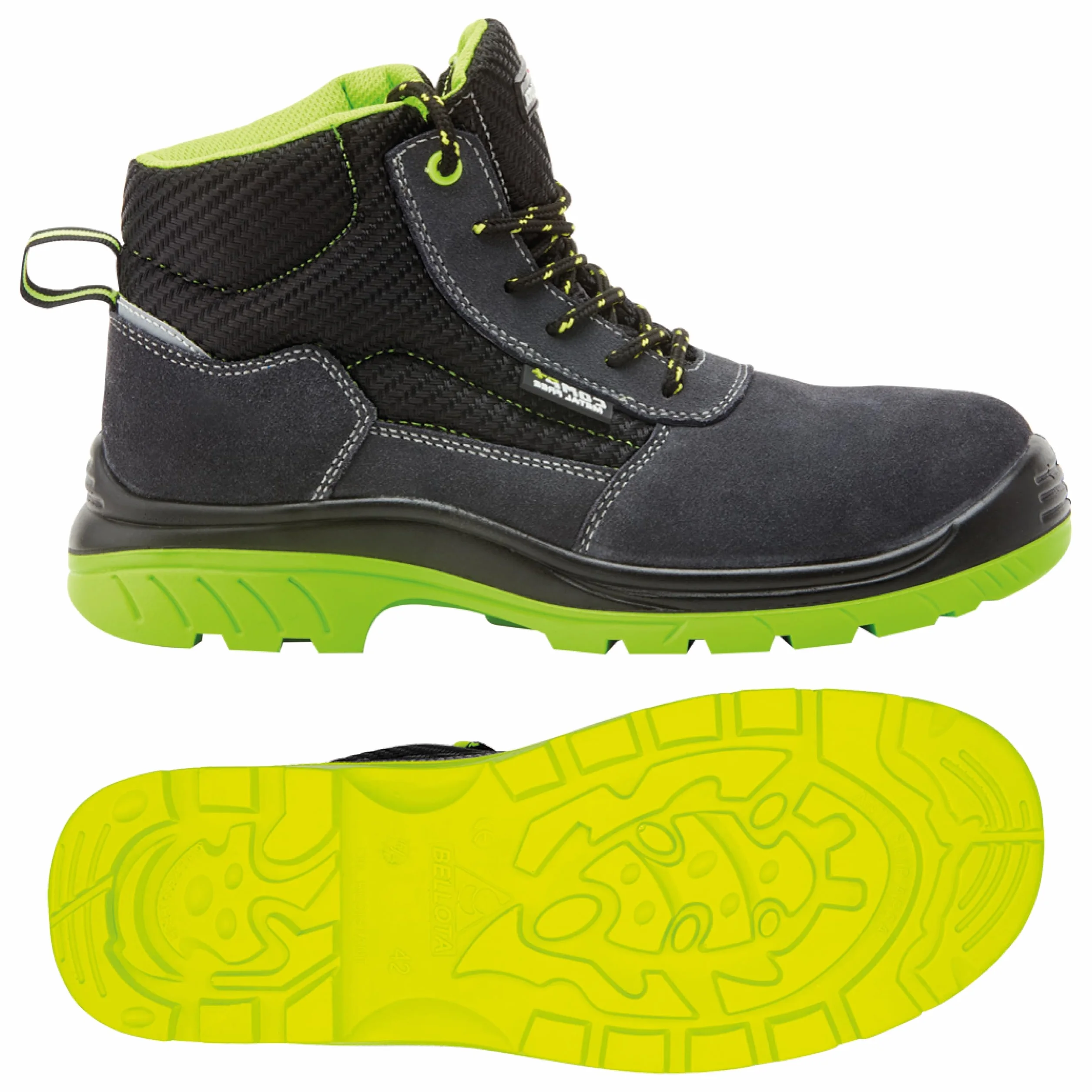 Bellota 72309S1P Bota de Seguridad Piel Serraje Transpirable Resistente Golpes Rozaduras Negro Verde