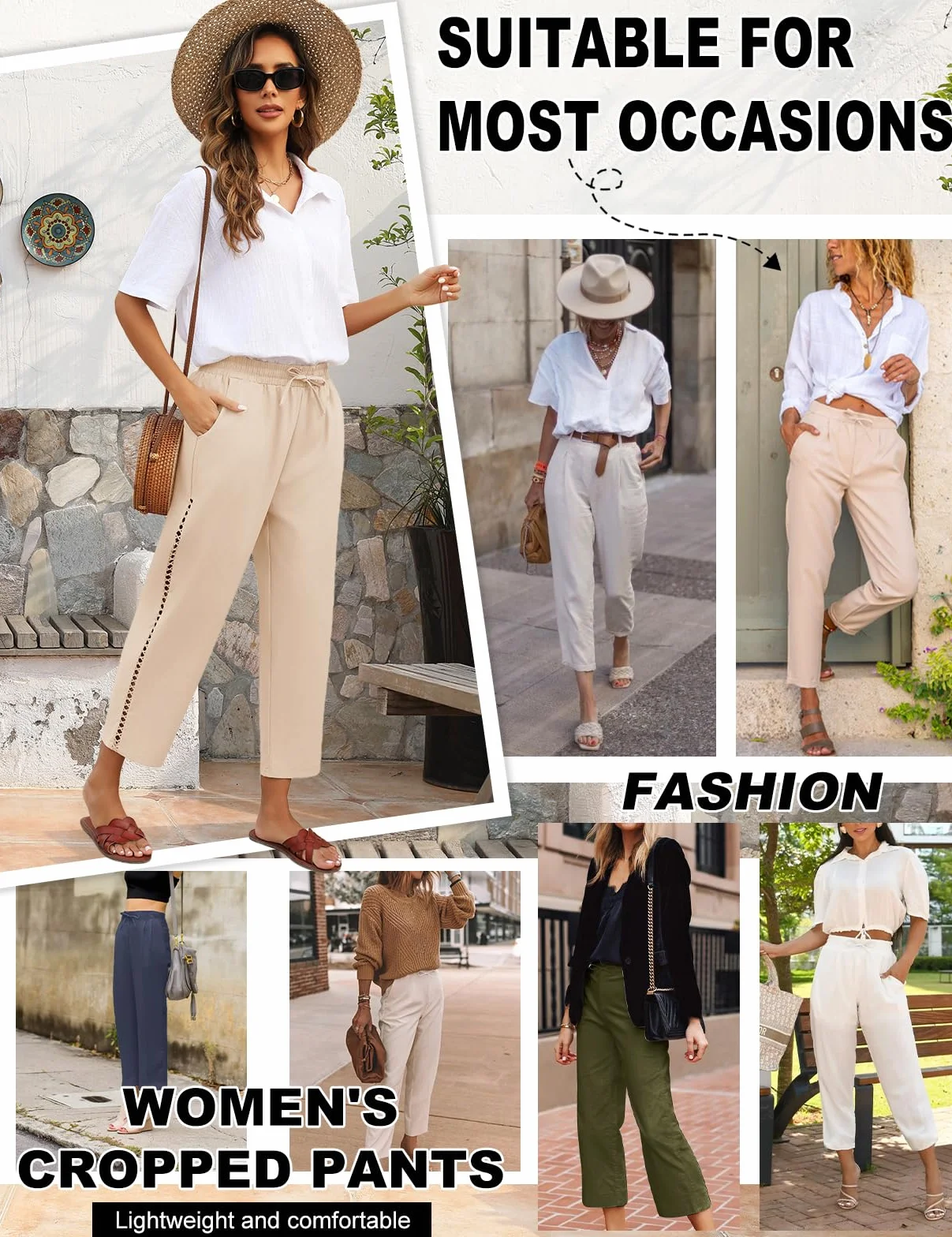 Pantalones Mujer Verano de Lino Elástico Cintura Suelta Cómodo Ligero con Bolsillos Cordón