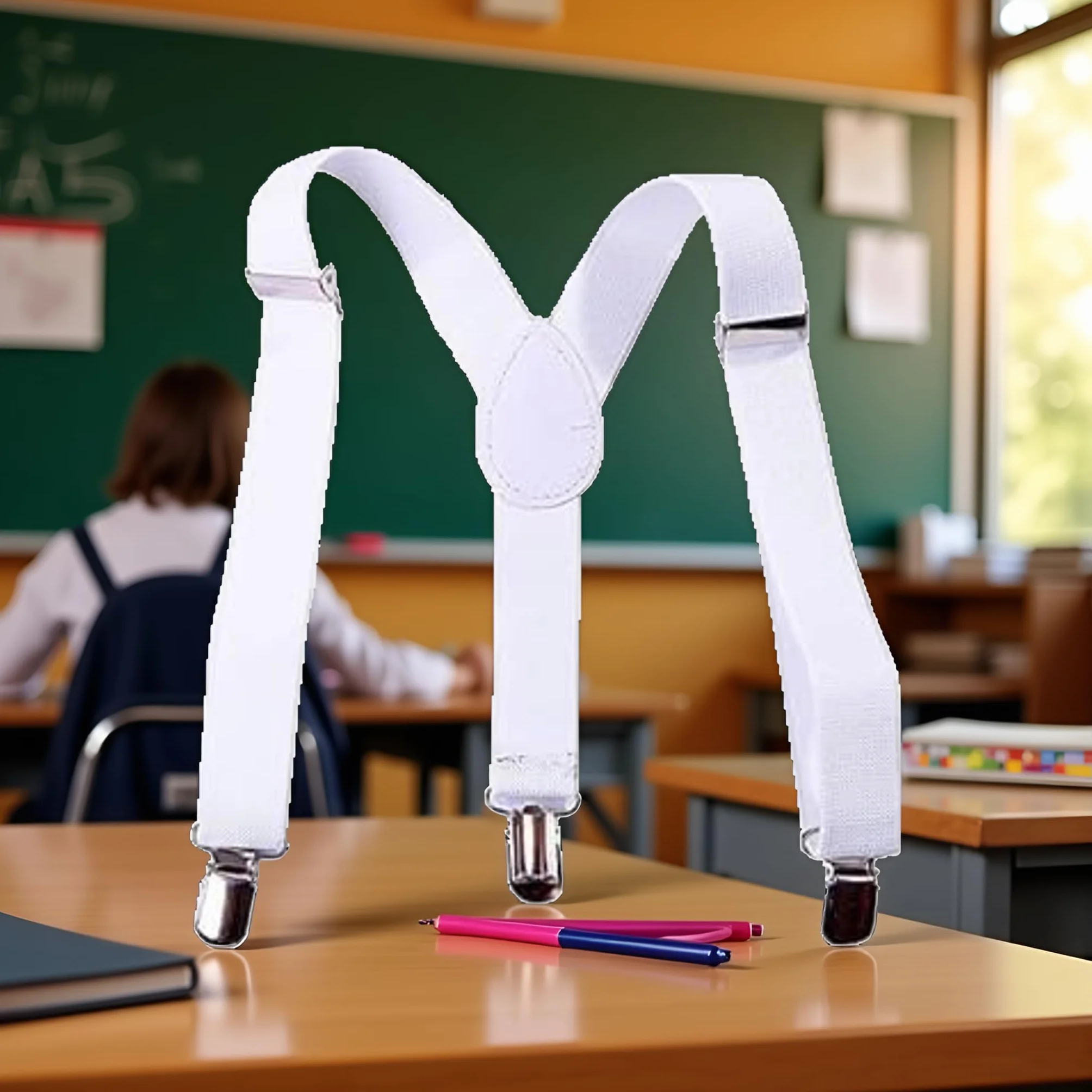 Tirantes elásticos ajustables blancos con clip trasero en Y y clips de metal para niños