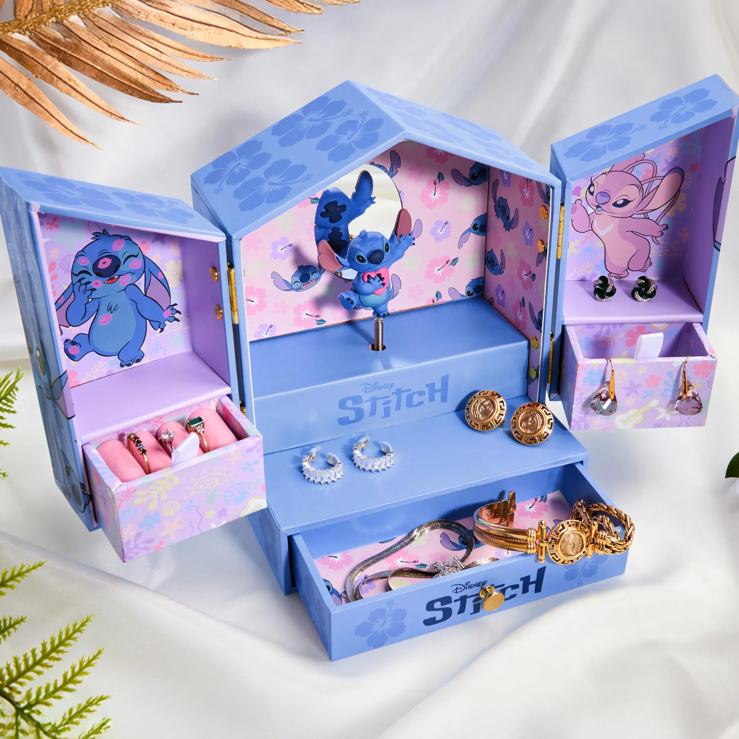 Disney Stitch Joyero Musical Niña Caja Decorativa con Espejo y Cajones Azul