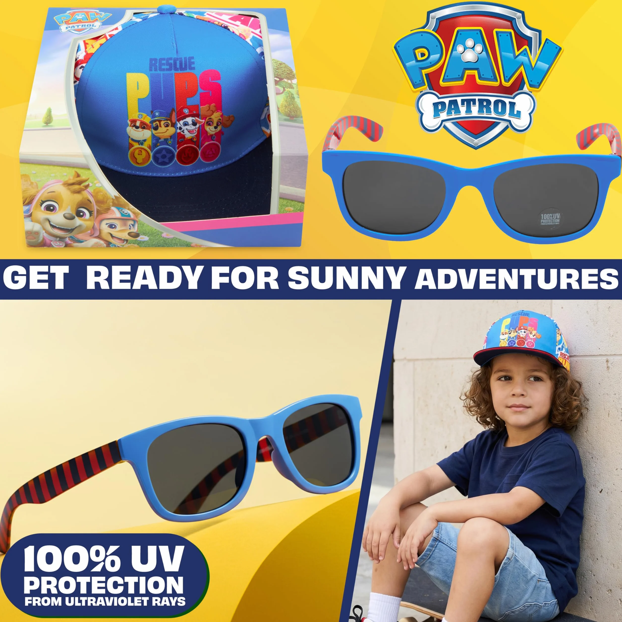 Hot Wheels Patrulla Canina Barrio Sesamo Gorra y Gafas de Sol Niño Set Verano Protección Solar UV