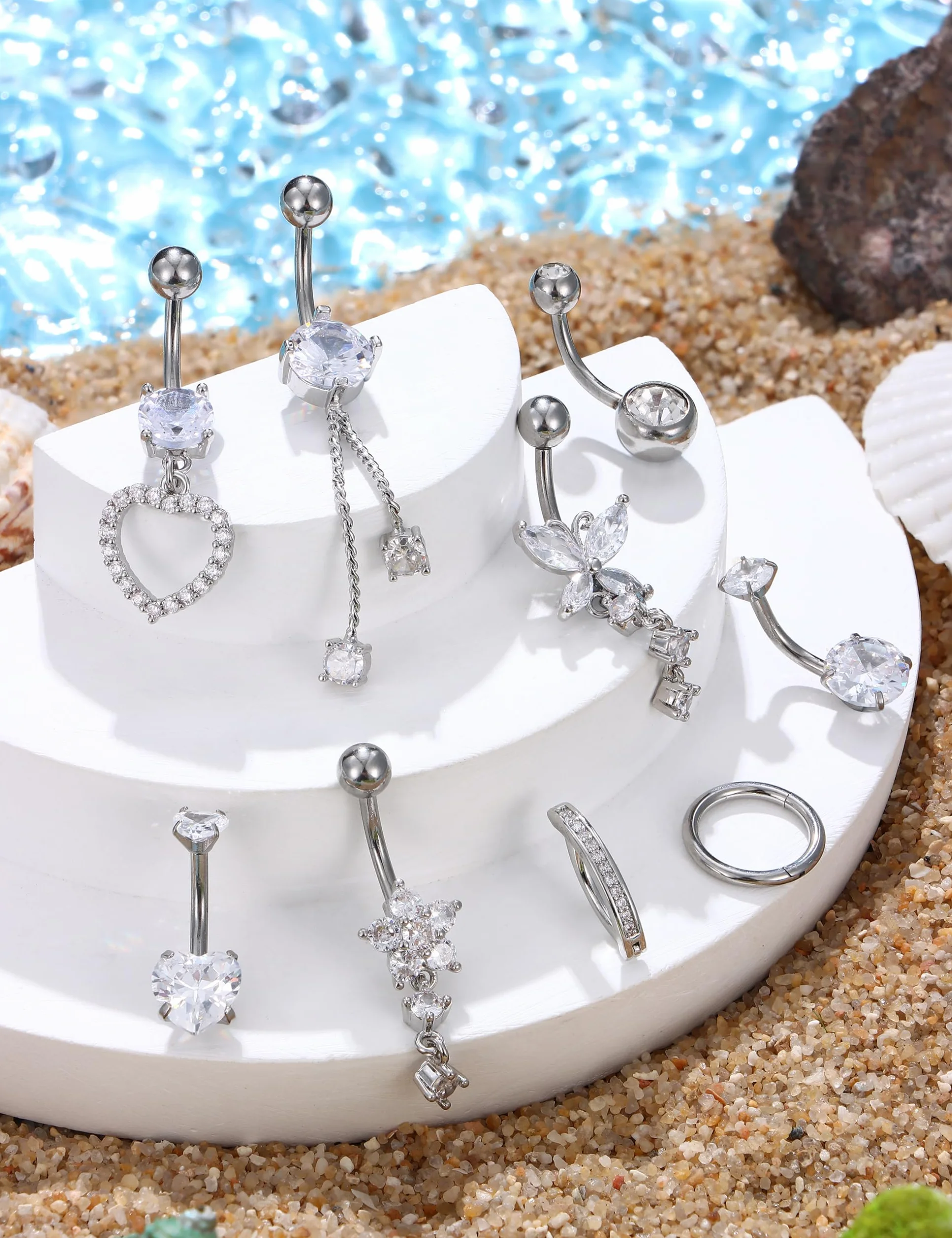YADOCA 14G 9 Piezas Piercing Ombligo Acero Quirúrgico Plata/Oro CZ Clicker Colgante Anillo