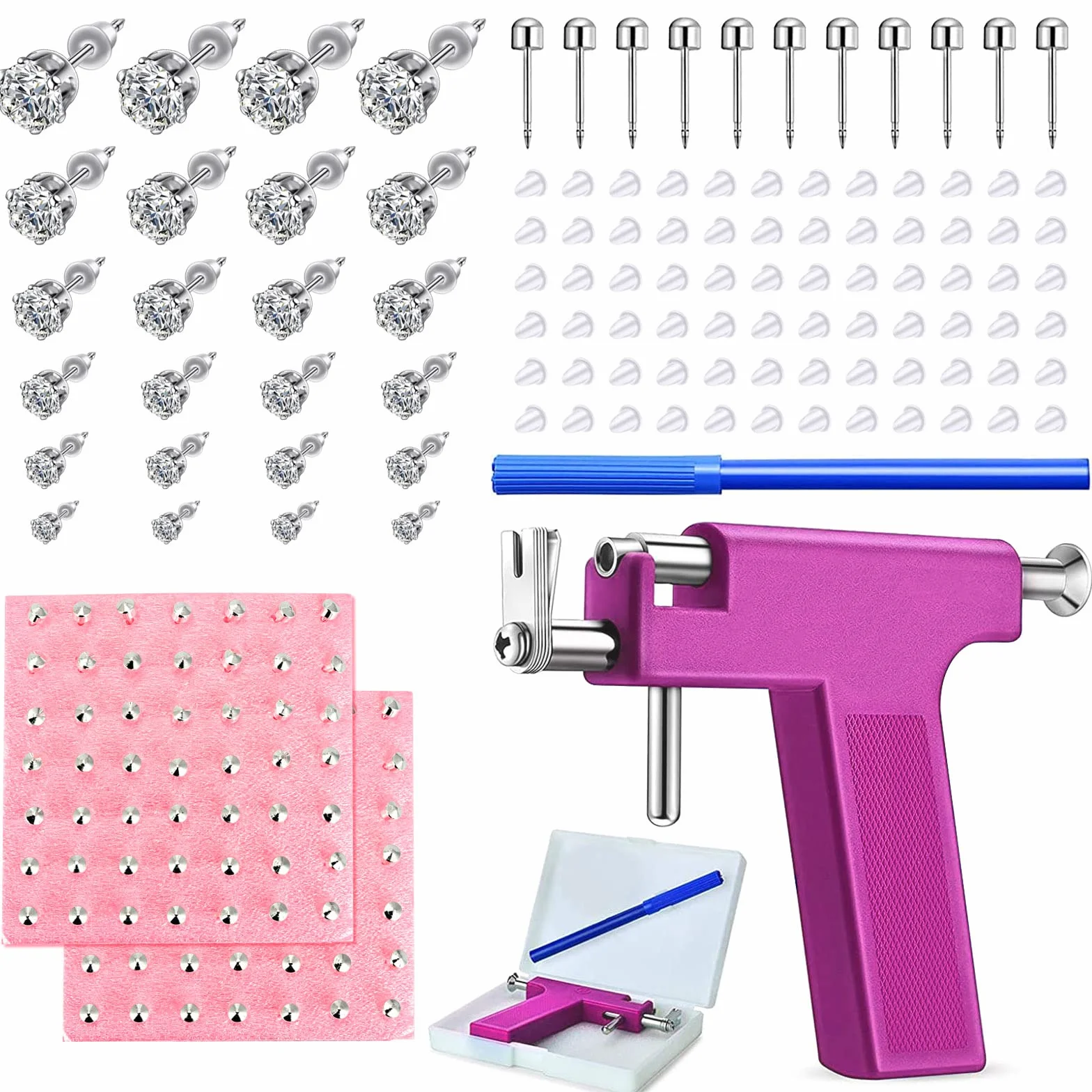Longbeauty Juego de 224 pistolas perforadoras de acero inoxidable para piercing de oreja