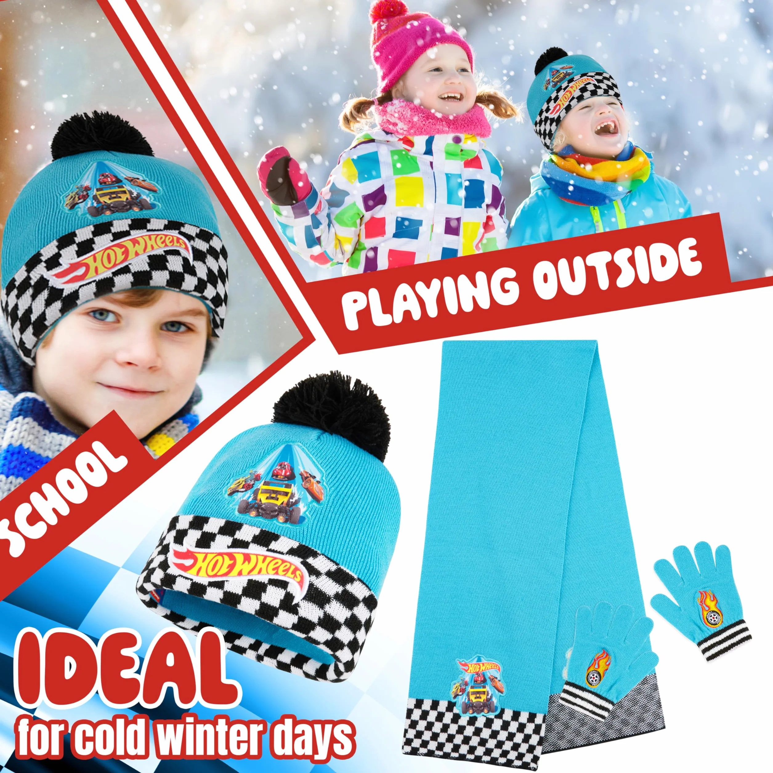 Hot Wheels Set de Invierno 3 Piezas Gorro Pompón Bufanda Guantes para Niños