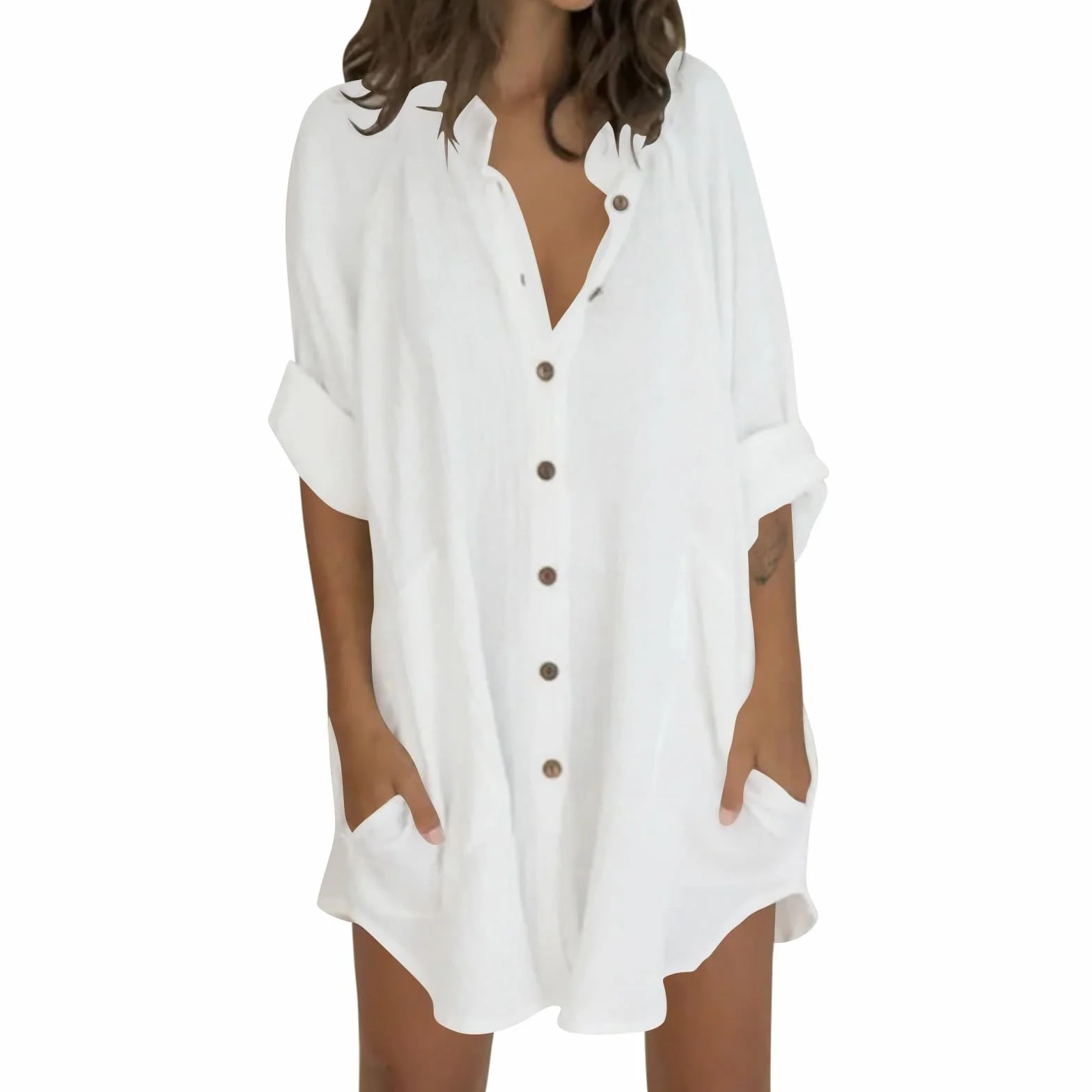 Camisa Mujer Lino Algodón Manga Larga Blusa Color Sólido Cuello en V Botones Bolsillos Elegante Transpirable