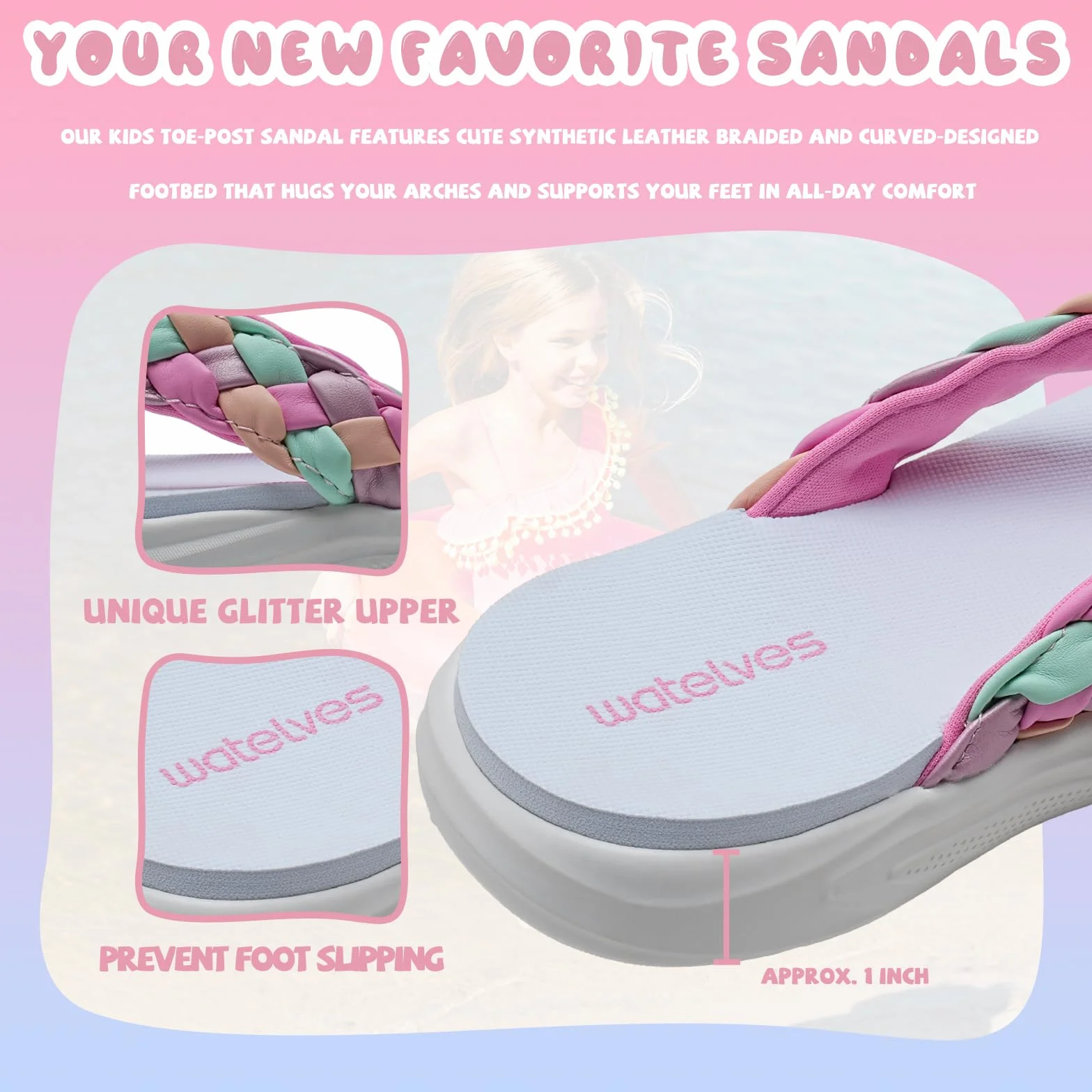WateLves Chanclas para niñas suela gruesa, purpurina escamada, sandalias antideslizantes de verano