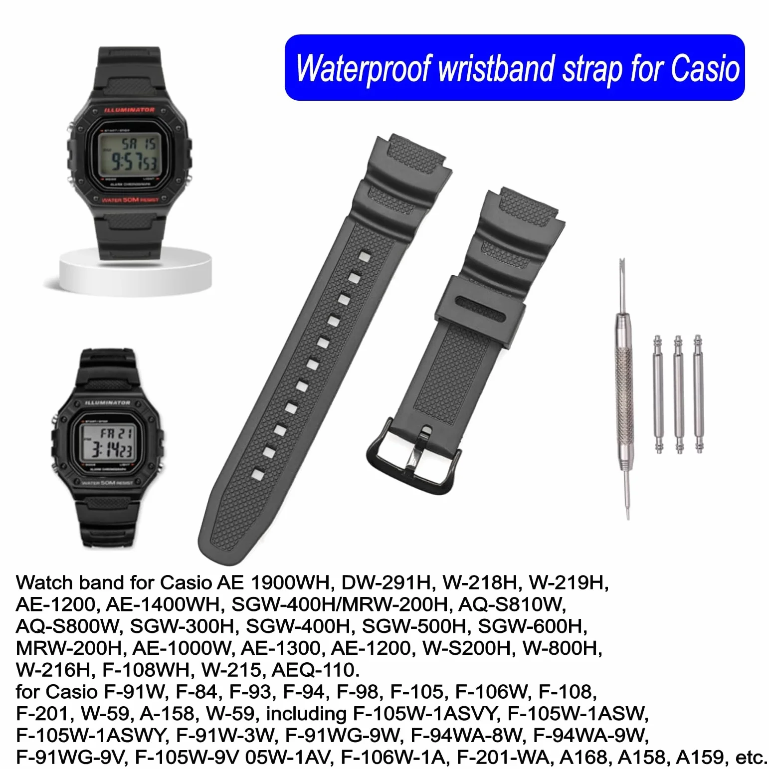 Casio AE-1300 AE-1200 SGW-300H SGW-400H SGW-500H W-218H W-219H MRW-200H Correa repuesto caucho negro 18mm impermeable