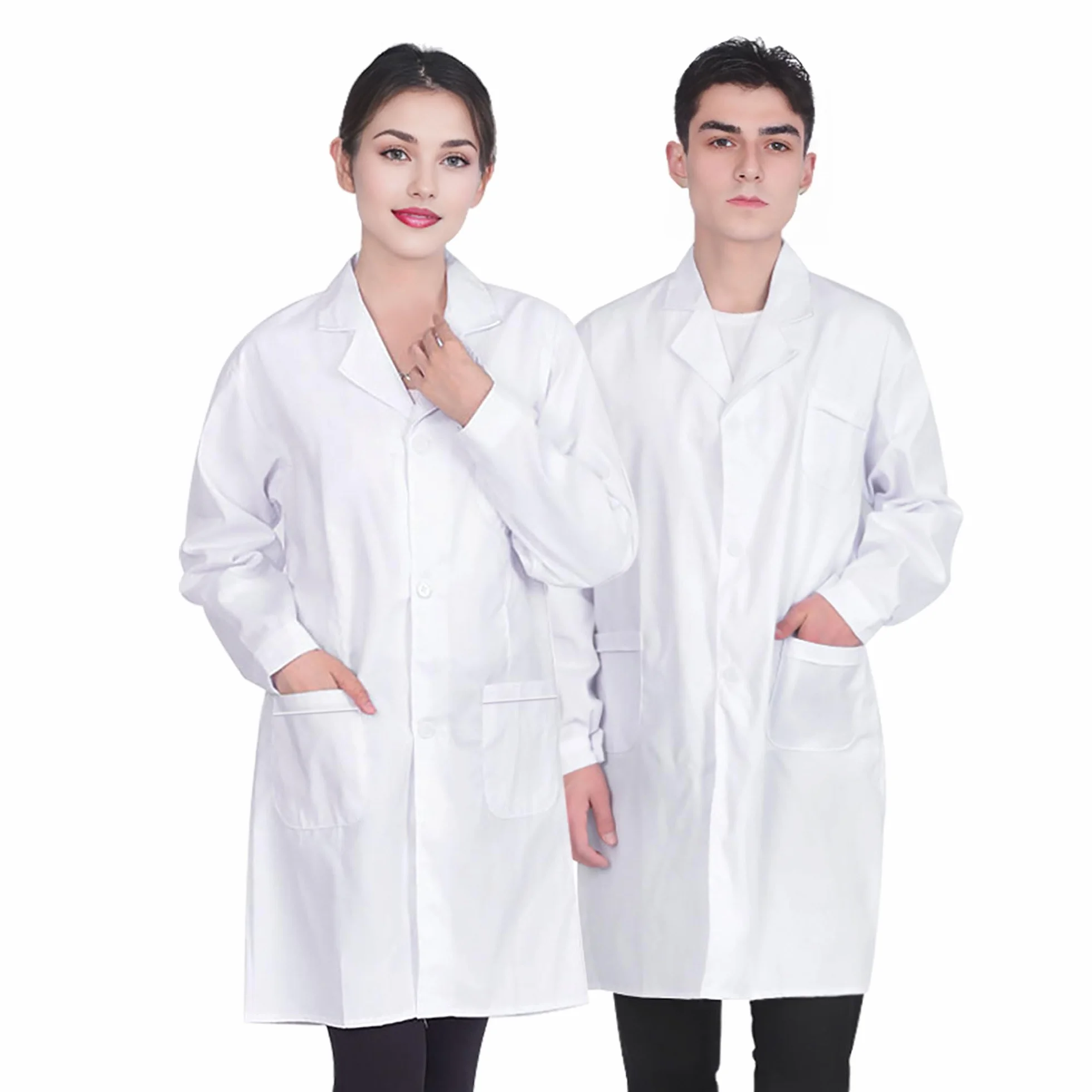 Bata de Laboratorio Médica Blanca Larga Manga Larga Uniformes Sanitarios con Bolsillos y Botones