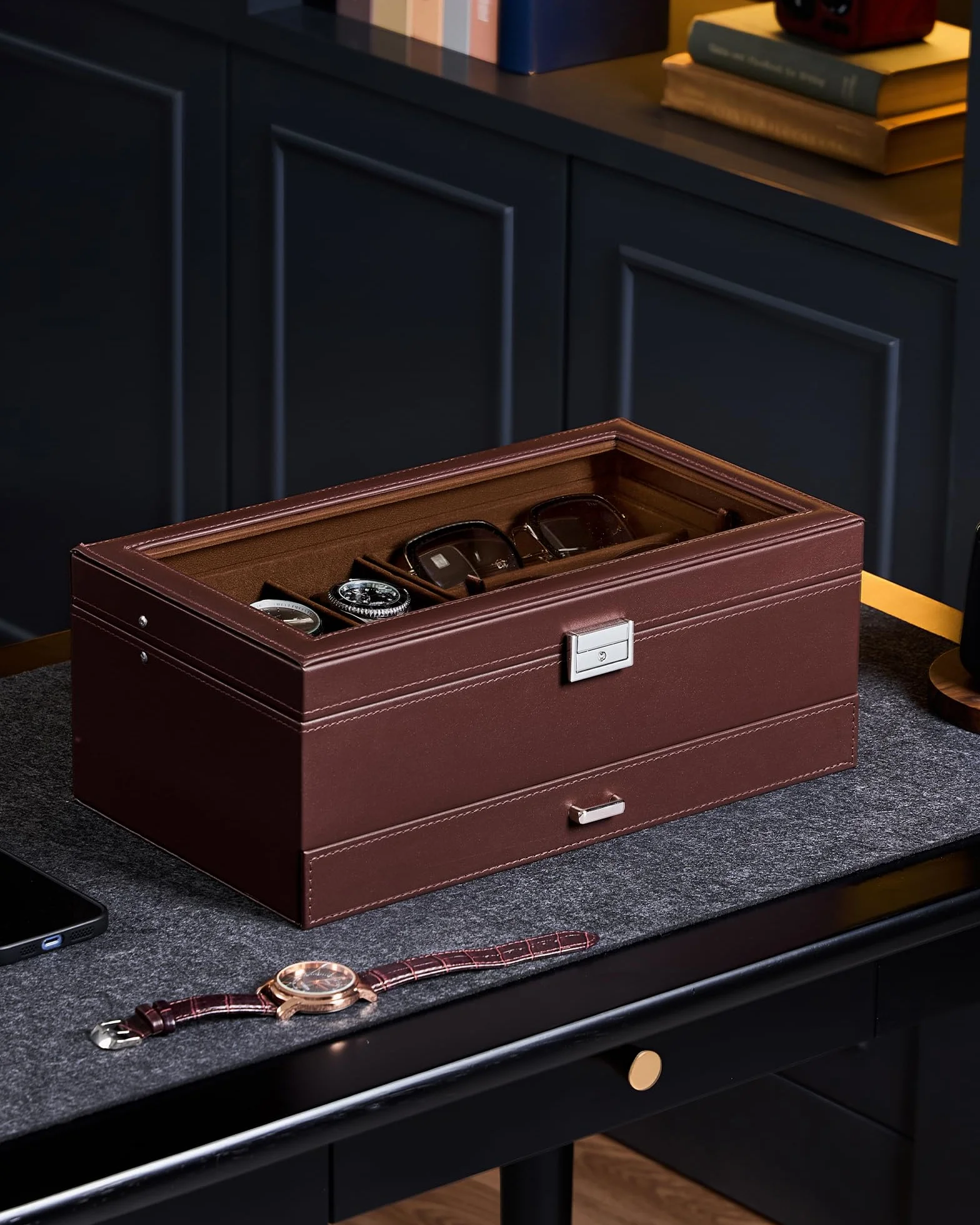 ProCase Caja Joyero para Hombres con Cerradura, 6 Espacios Relojes, PU Cuero, Marrón