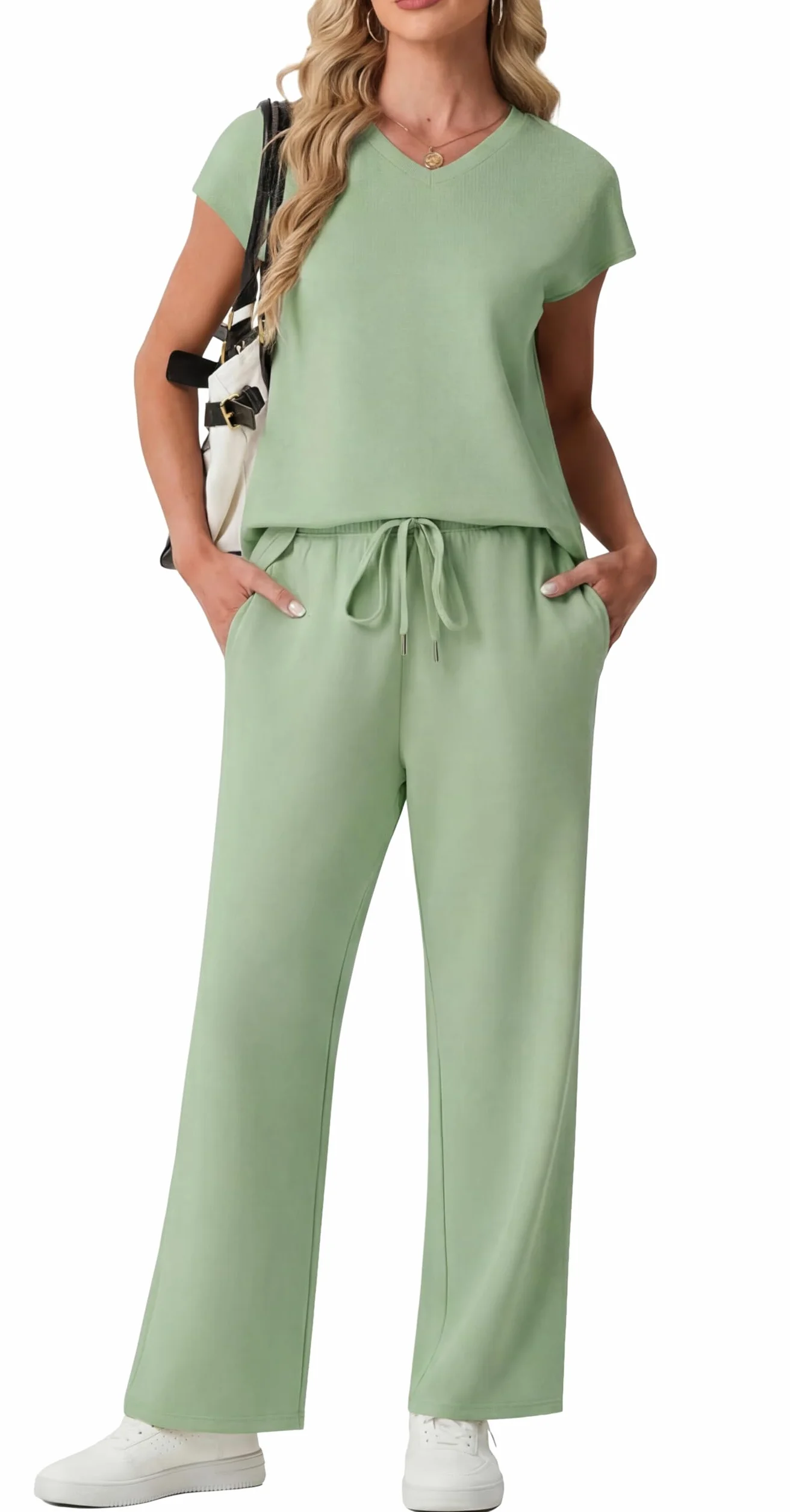 GRECERELLE Conjunto completo de chándal para mujer, de manga corta, de verano, para descansar, conjunto de dos piezas, casual, cuello redondo, tops y pantalones deportivos para gimnasio con bolsillos