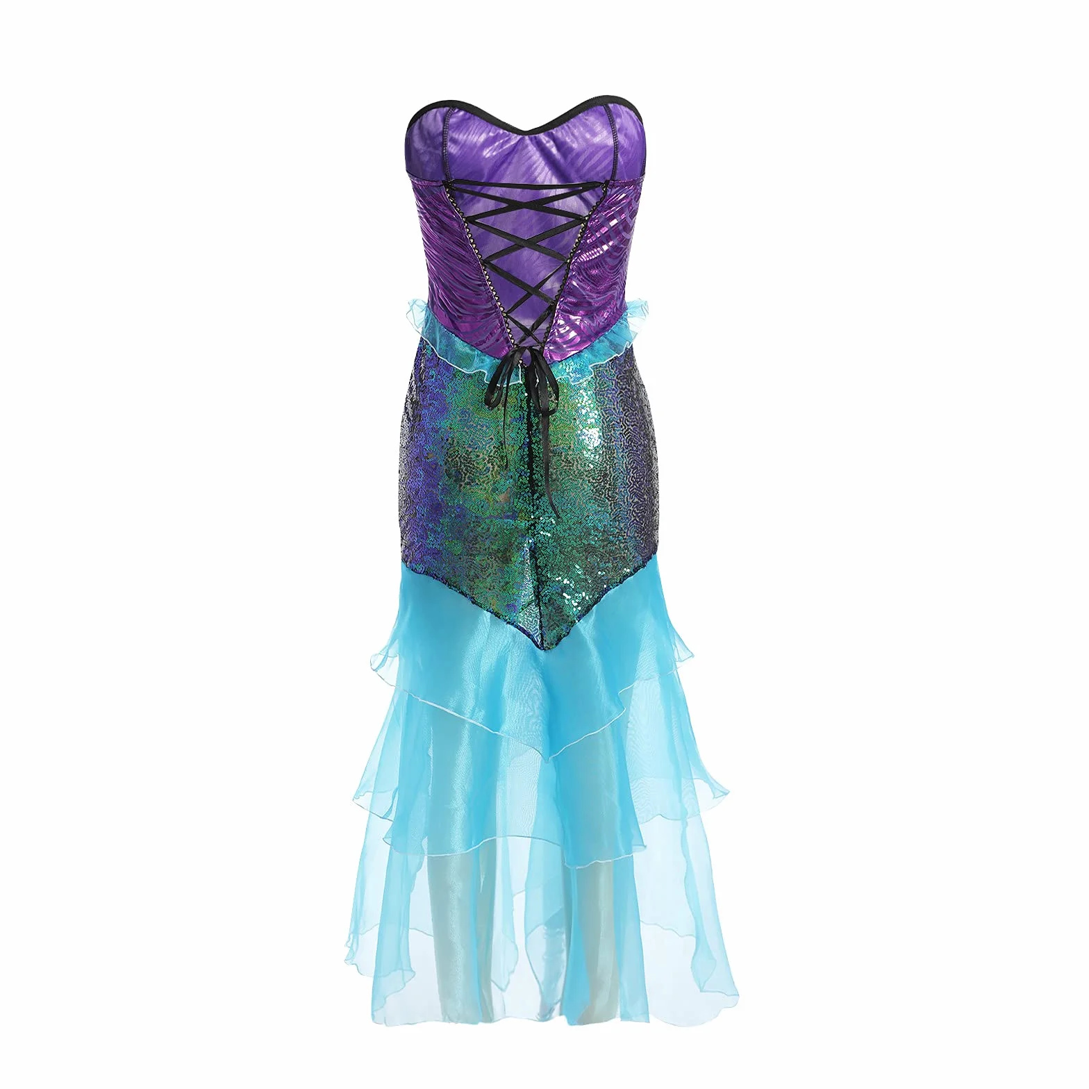 Disfraz de sirena para mujer vestido largo sin tirantes con volantes lentejuelas falda cola Halloween
