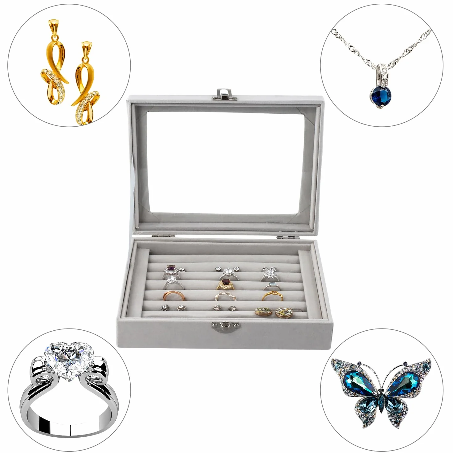 QWORK® Joyero de Terciopelo con Tapa Transparente, Organizador de Anillos 7 Compartimentos