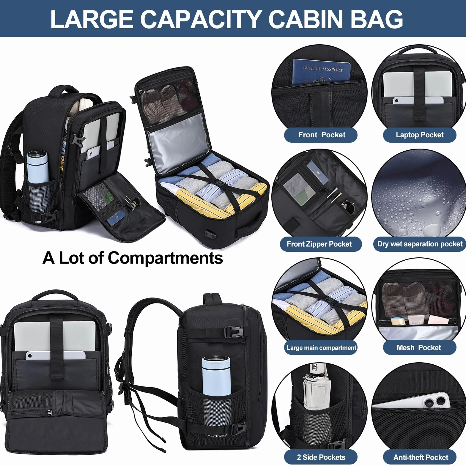 PUSLOM Mochila Viaje Cabina Avion 40x30x20 24L Bolsa Viaje Hombre Mujer Portatil 14 Pulgadas USB Negro