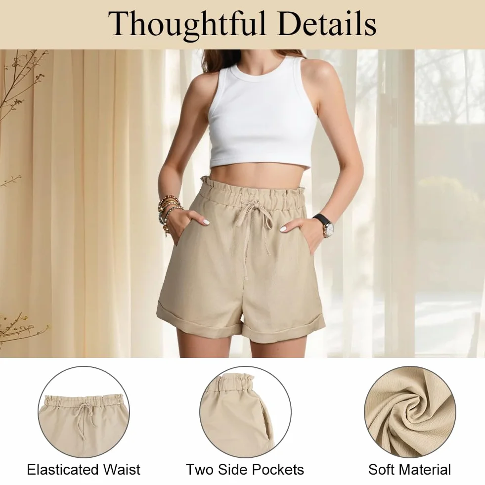 Pantalones Cortos Mujer Cintura Alta Cordón Bolsillos Verano Deporte Playa