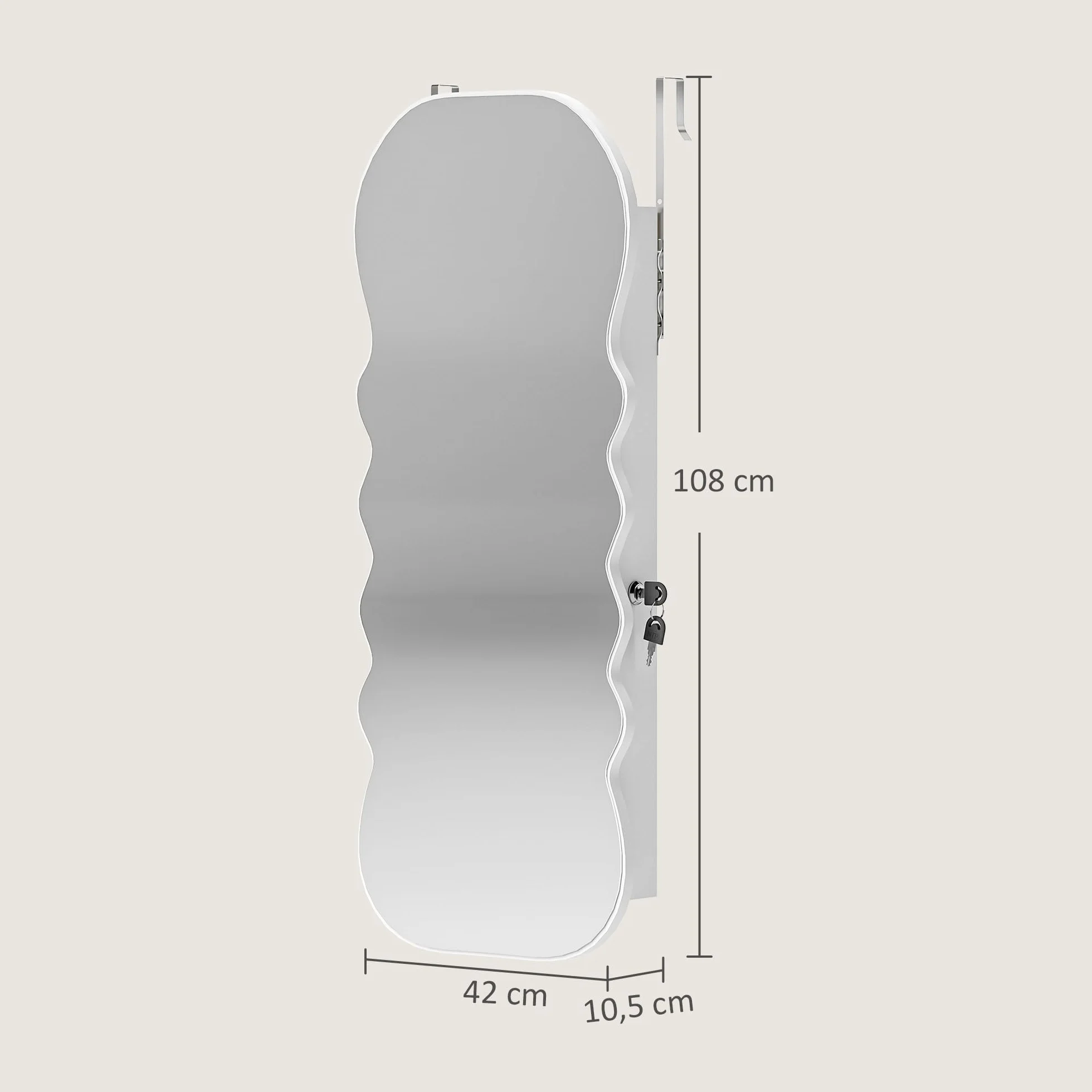 HOMCOM Espejo Joyero con Luz LED 3 Colores, Armario para Joyas Montado en Pared, Espejo Entero, Blanco