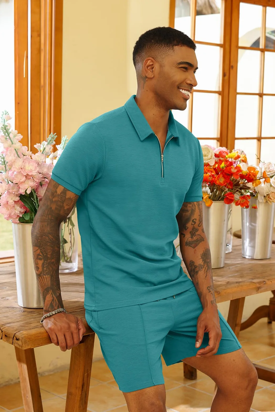 CTU Chándal para hombre 2 piezas camiseta polo pantalones cortos traje verano ropa deportiva