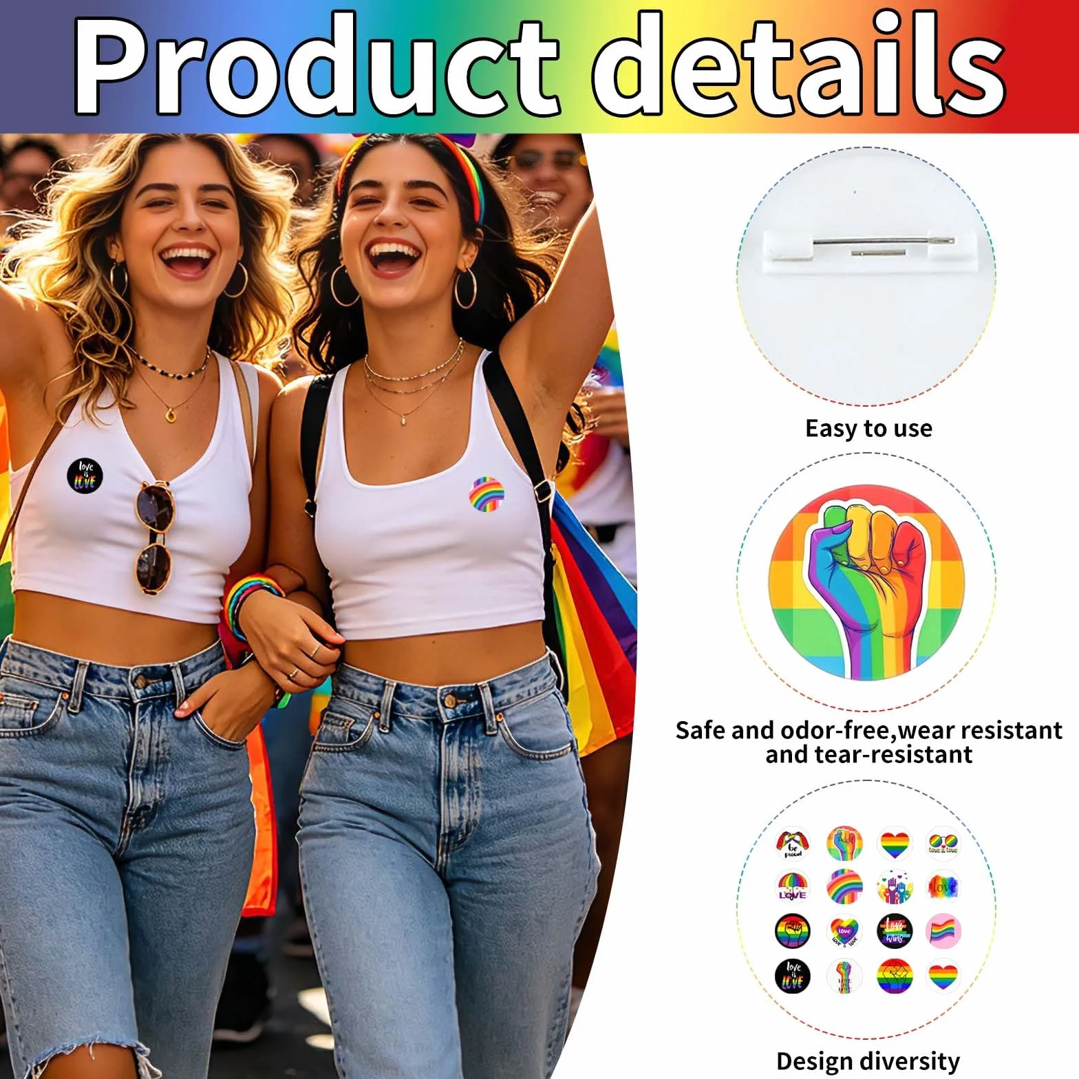 Insignias LGBTQ 16 Piezas 44MM, Pines Acero Inoxidable Puño Arcoíris, Set Broches Pride para Ropa