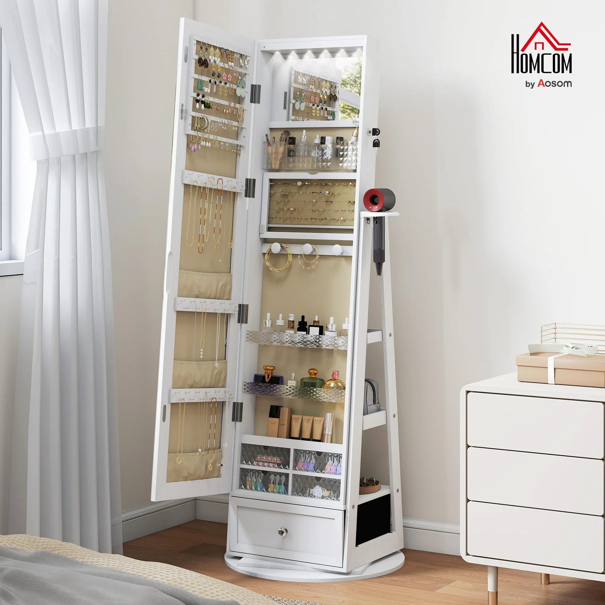 HOMCOM Armario Joyero de Pie con Luces LED, Espejo Cuero Entero, Soporte para Secador, Giratorio 360°, Cajón, Cerradura, Blanco y Beige