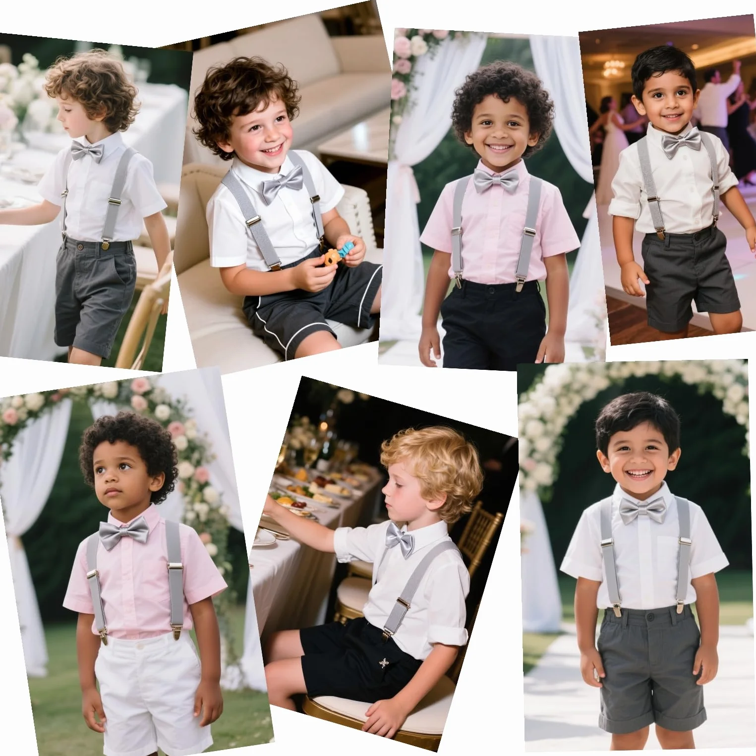 Juego de pajarita y tirantes gris claro para niños, forma Y, 3 clips ajustables, talla 135 cm