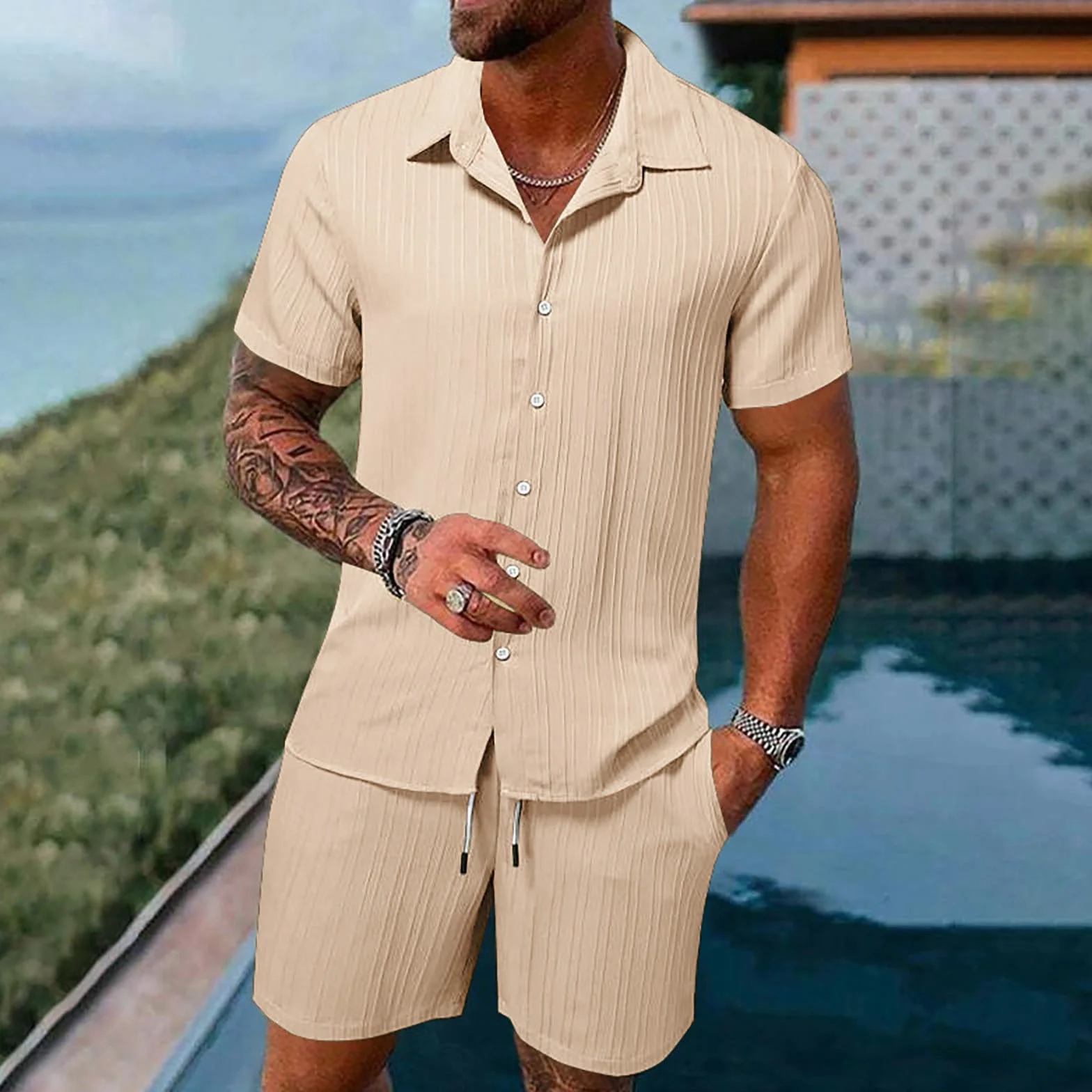 Conjunto de 2 Piezas Hombre Verano Playa Lino Camisa Manga Corta y Pantalones Cortos Casual Transpirable