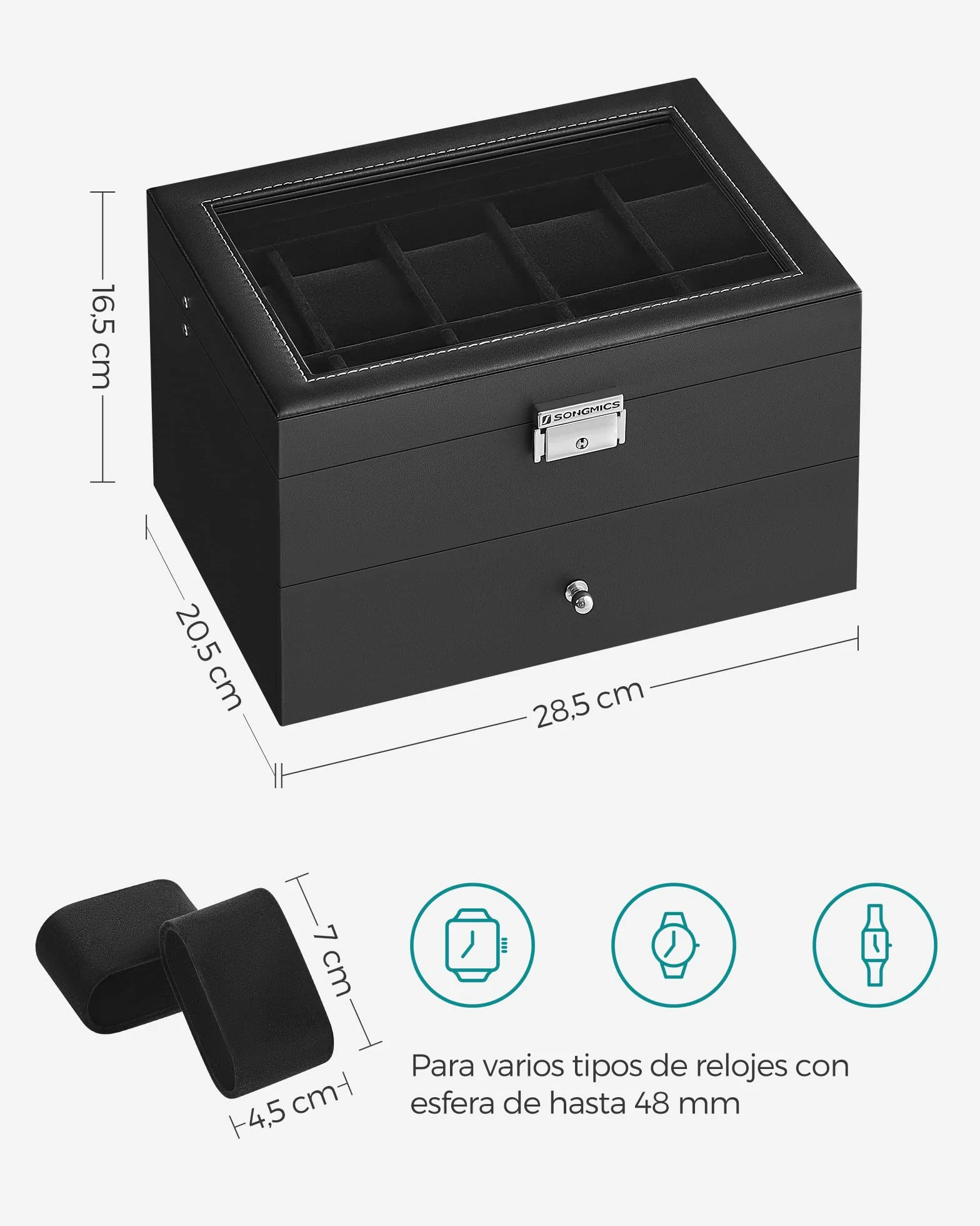 SONGMICS Caja de Relojes 2 Niveles con Tapa de Cristal, Cerradura, Cuero Sintético Negro