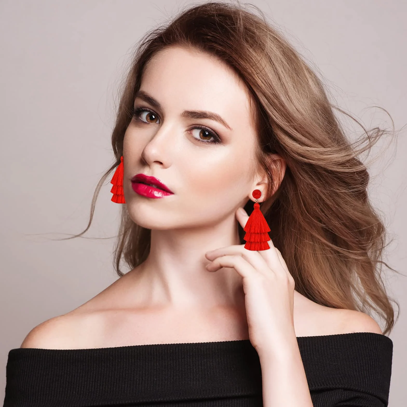 Pendientes Bohemios Borla Capas Colgantes Boho Hilo Rojo Mujer