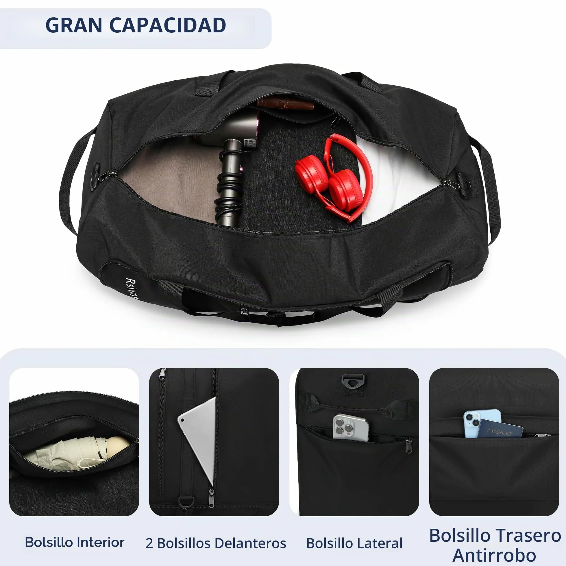 Bolsa de Viaje Unisex 90L Plegable, Impermeable con Compartimento para Zapatillas, 69 x 32 x 40 cm, Negro